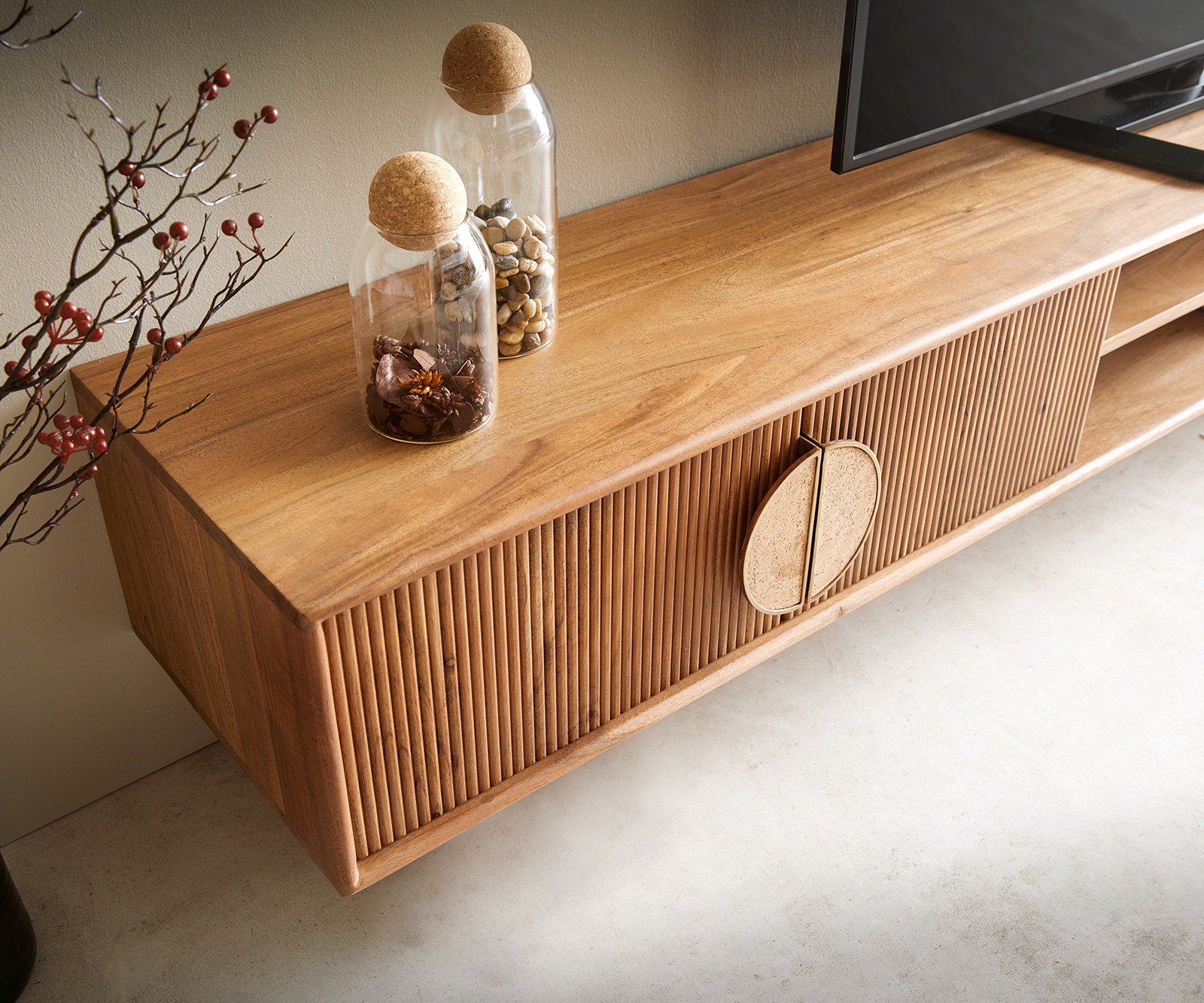 Lowboard Surimu 240 cm Akazie Hellbraun 4 Türen 2 Fächer Kork-Griff schwebend 6 Lowboard Surimu 240 cm Akazie Hellbraun 4 Türen 2 Fächer Kork-Griff schwebend 6