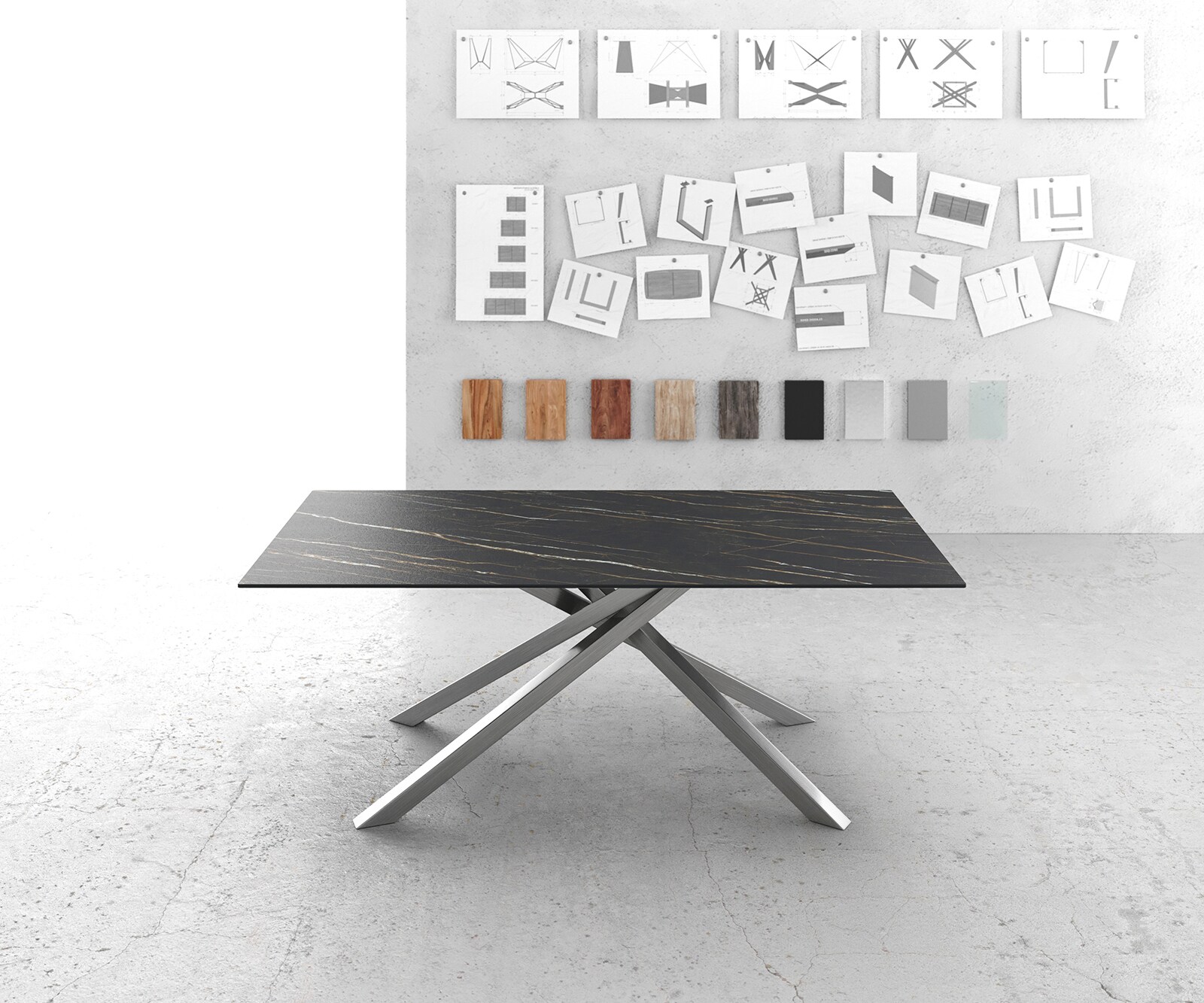Esstisch Edge 200x100cm Keramik Laminam®Noir Desir Braun Kreuzgestell Rechteck Edelstahl 2
