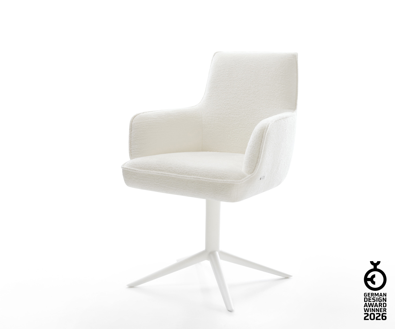 Drehstuhl Heira-Flex mit Armlehnen Bouclé Soft Beige Fußkreuz Weiß 360° drehbar Wippfunktion Taschenfederkern