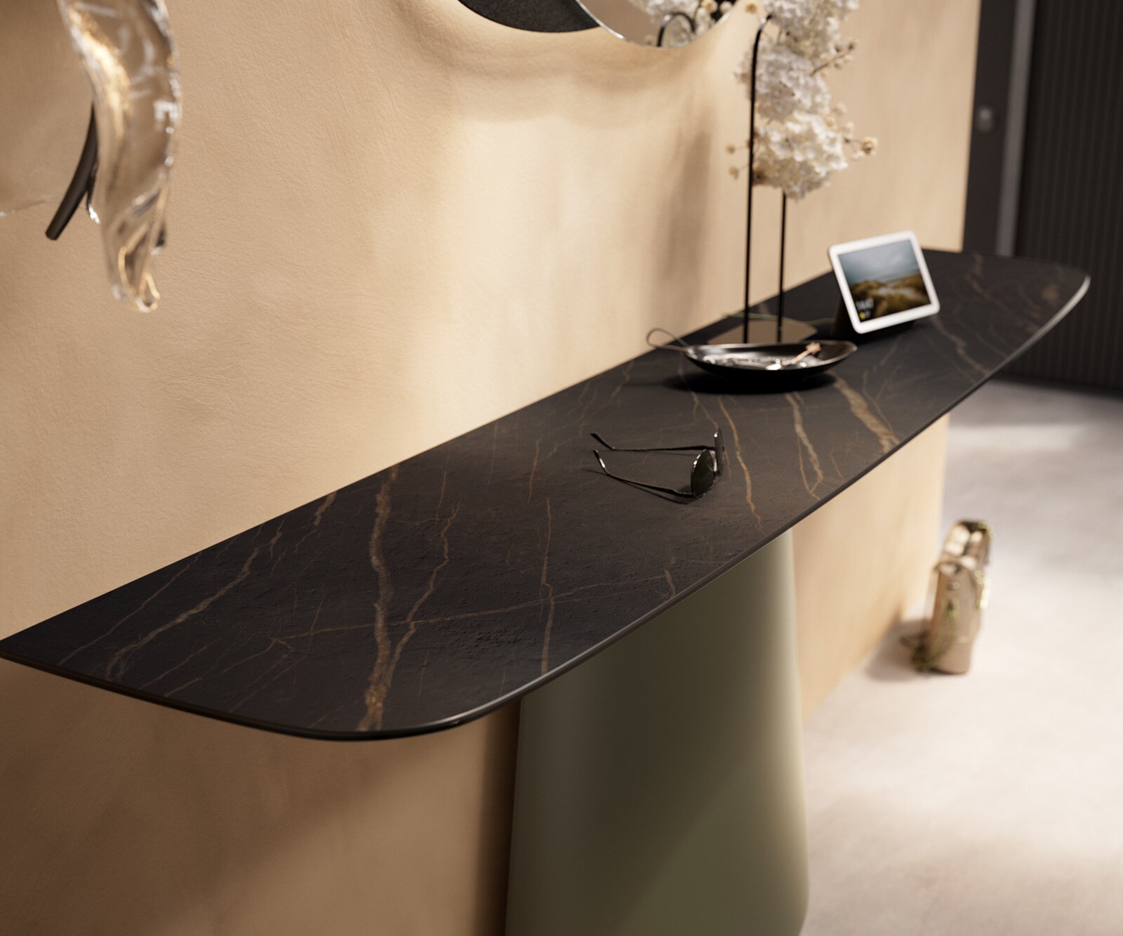 Konsolentisch Edge Boot 180x40 cm Keramik Laminam® Noir Desir Braun Conos Metall Effektfinish Titan 6