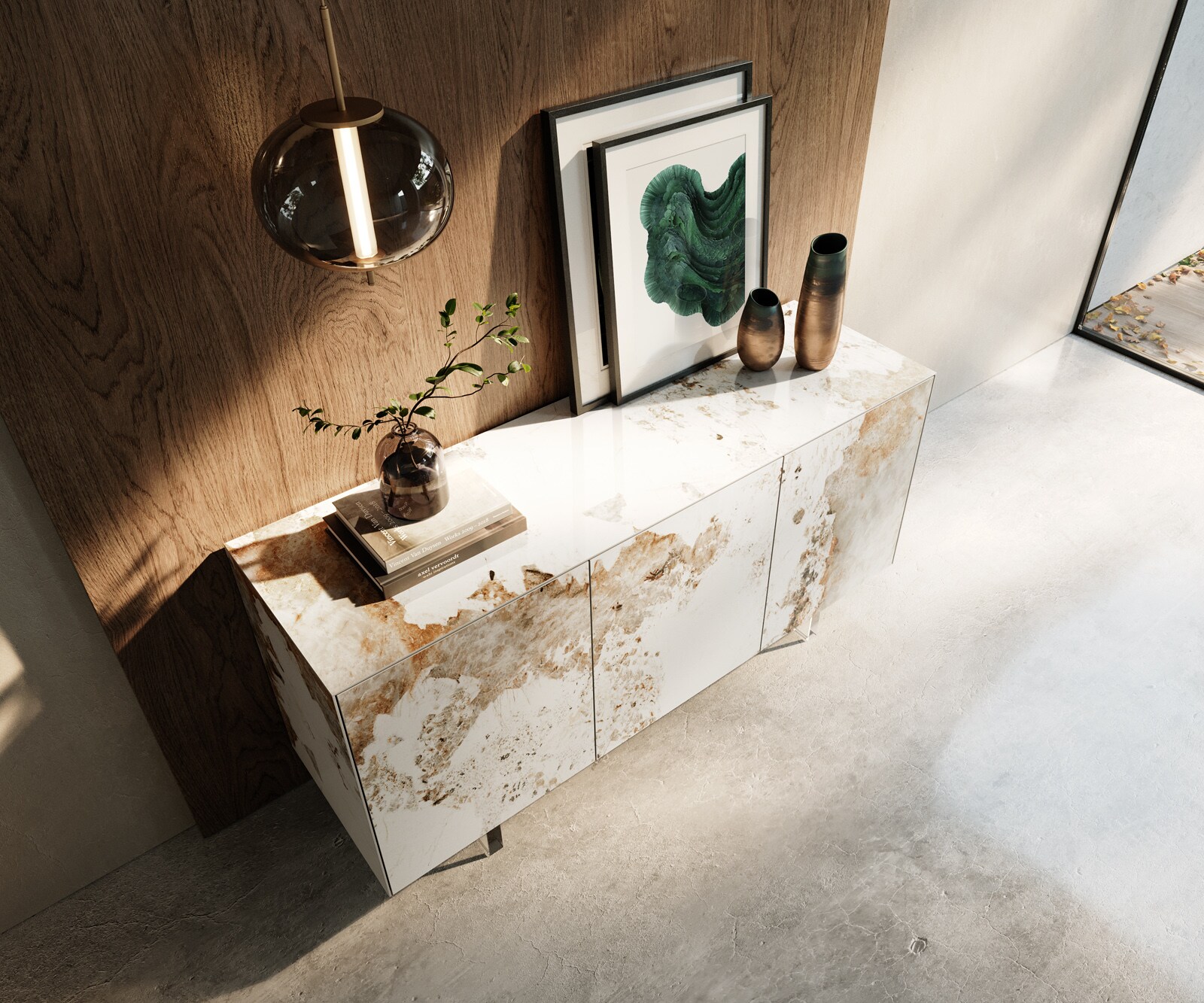 Sideboard Cuor 150 cm Keramik Minas Melange Weiß-Beige 3 Türen Fuß Schwebeoptik Acrylglas 3