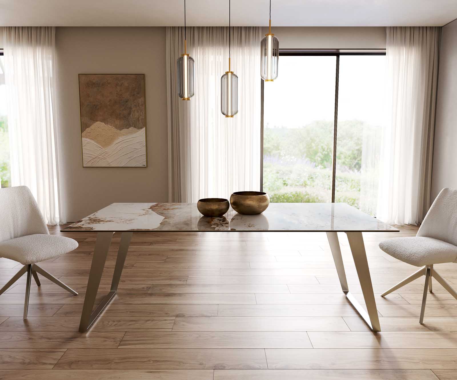 Esstisch Edge 200x100 Keramik Minas Melange Weiß-Beige Edelstahl Schräg 1