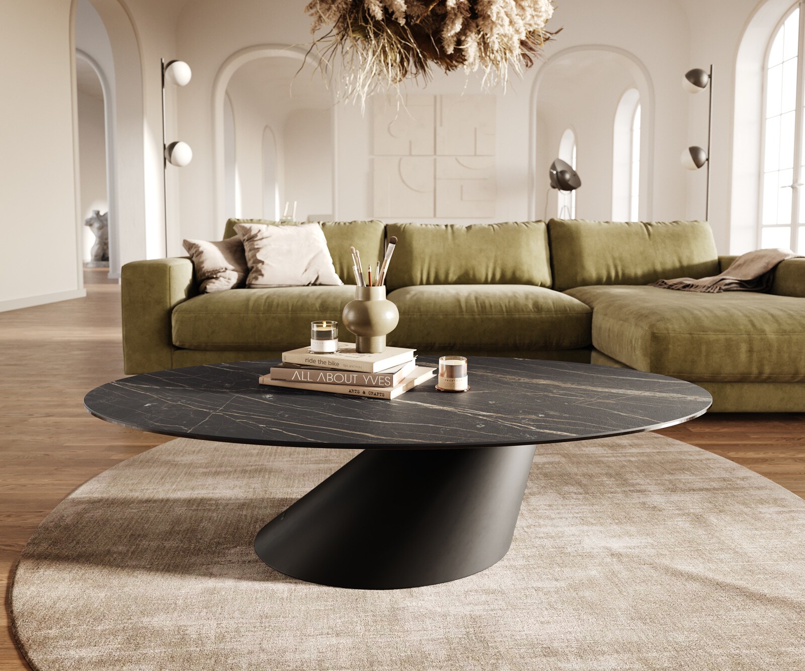 Couchtisch Edge Oval 140x80 cm Keramik Laminam® Noir Desir Braun Conis Metall Schwarz 2
