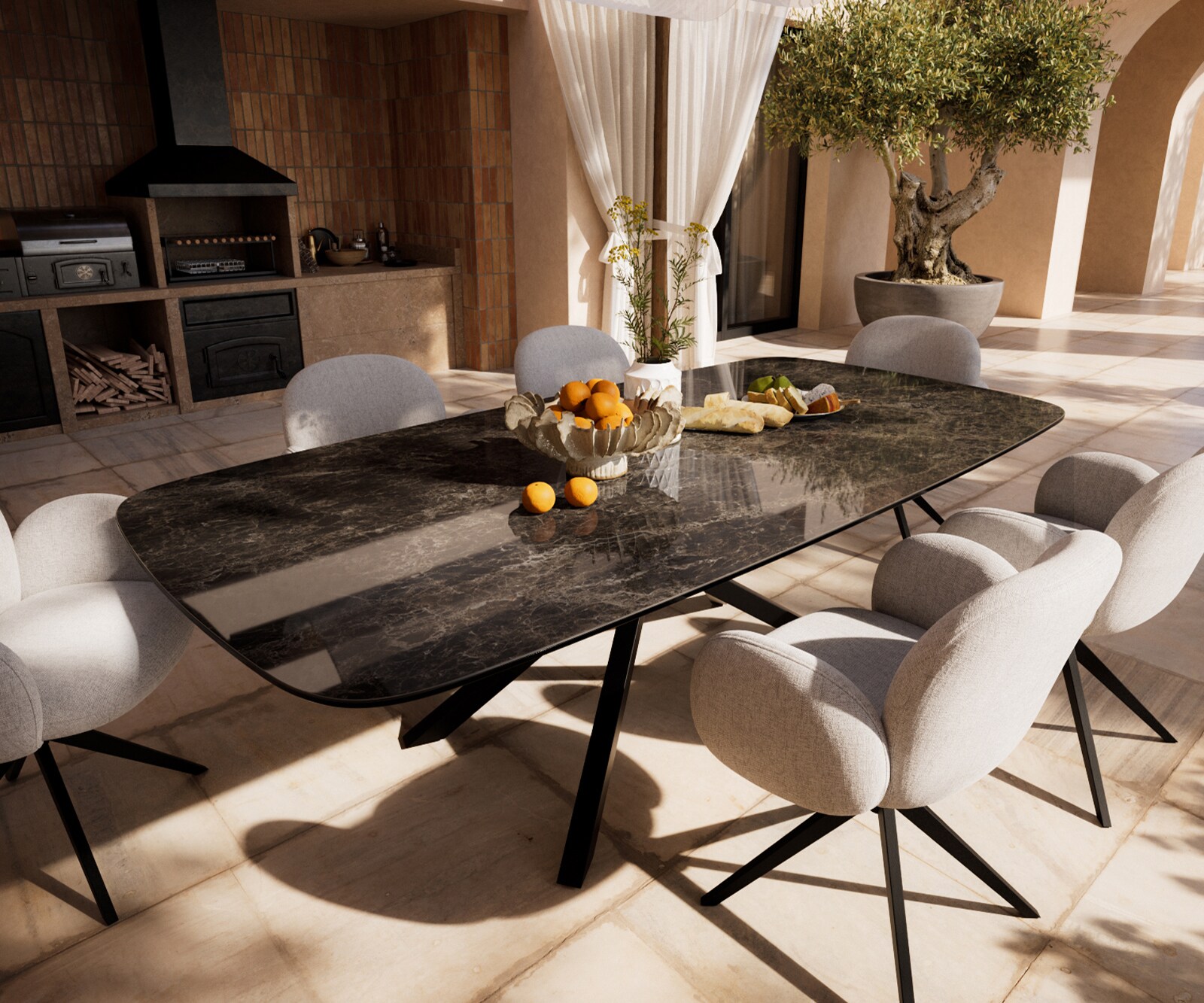 Outdoortisch Edge Boot 240x120 cm Keramik Laminam® Emperador Extra Lucidato Dunkelbraun Kreuzgestell Rechteck Schwarz