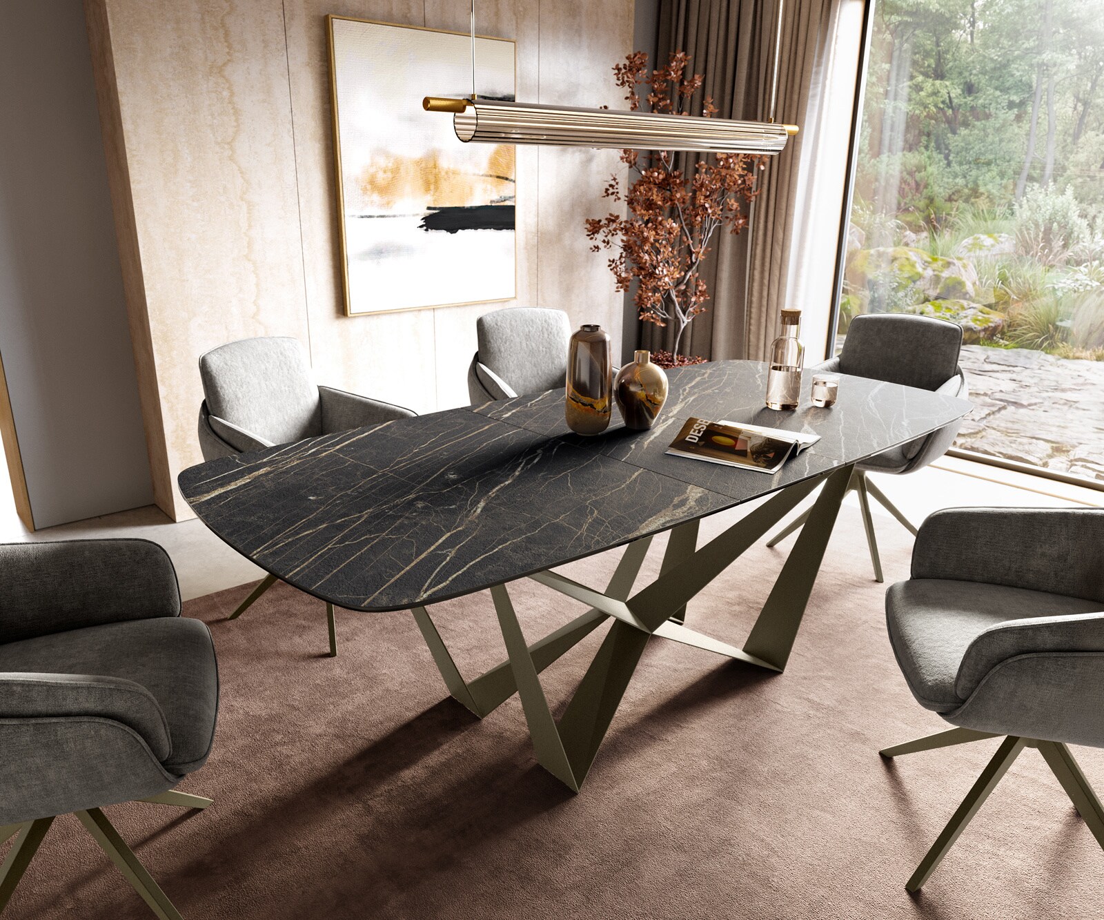 Esstisch Edge Boot 180-220x100 cm Laminam® Keramik Noir Desir Braun Spider Metall Effektfinish Titan ausziehbar 1