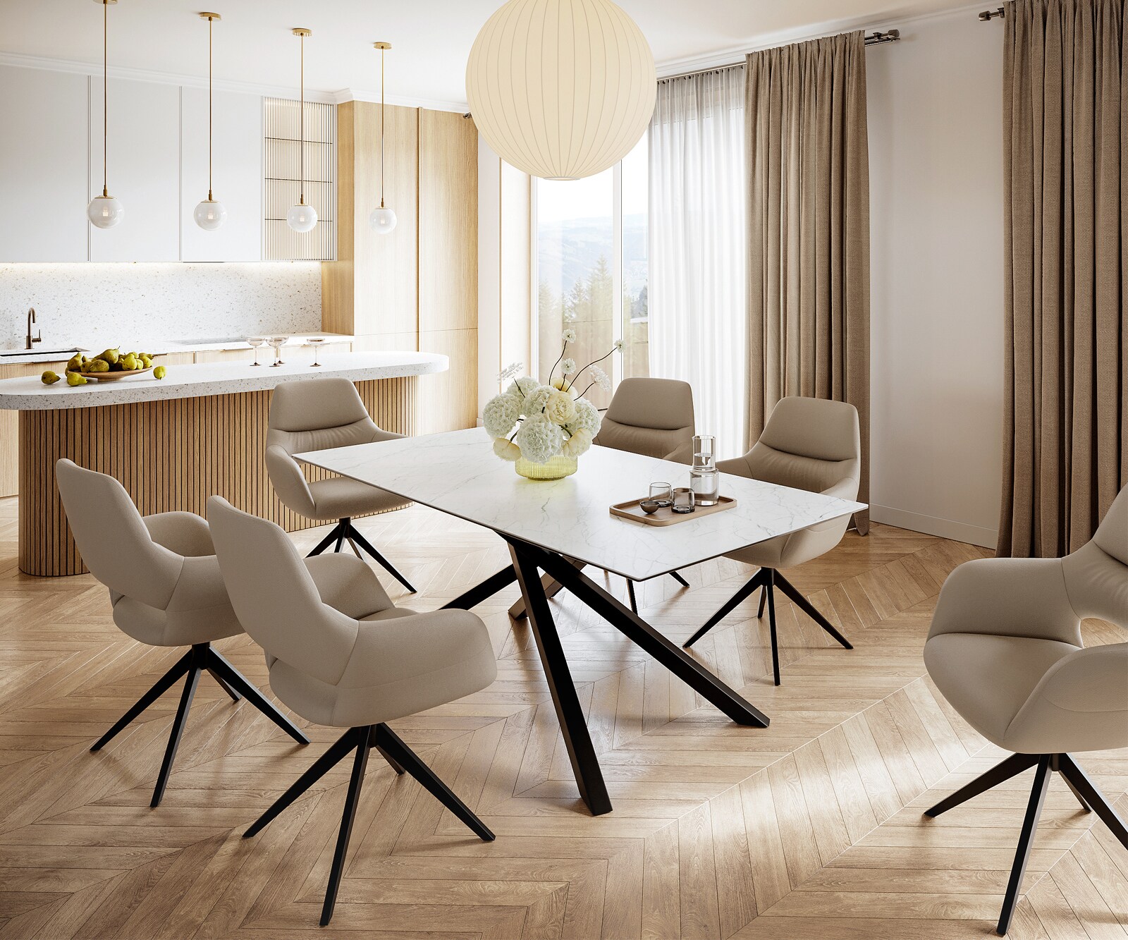 Esstisch Edge 200x100cm Keramik Laminam®Statuarietto Weiß Mittelfuß Kreuz Schwarz 5