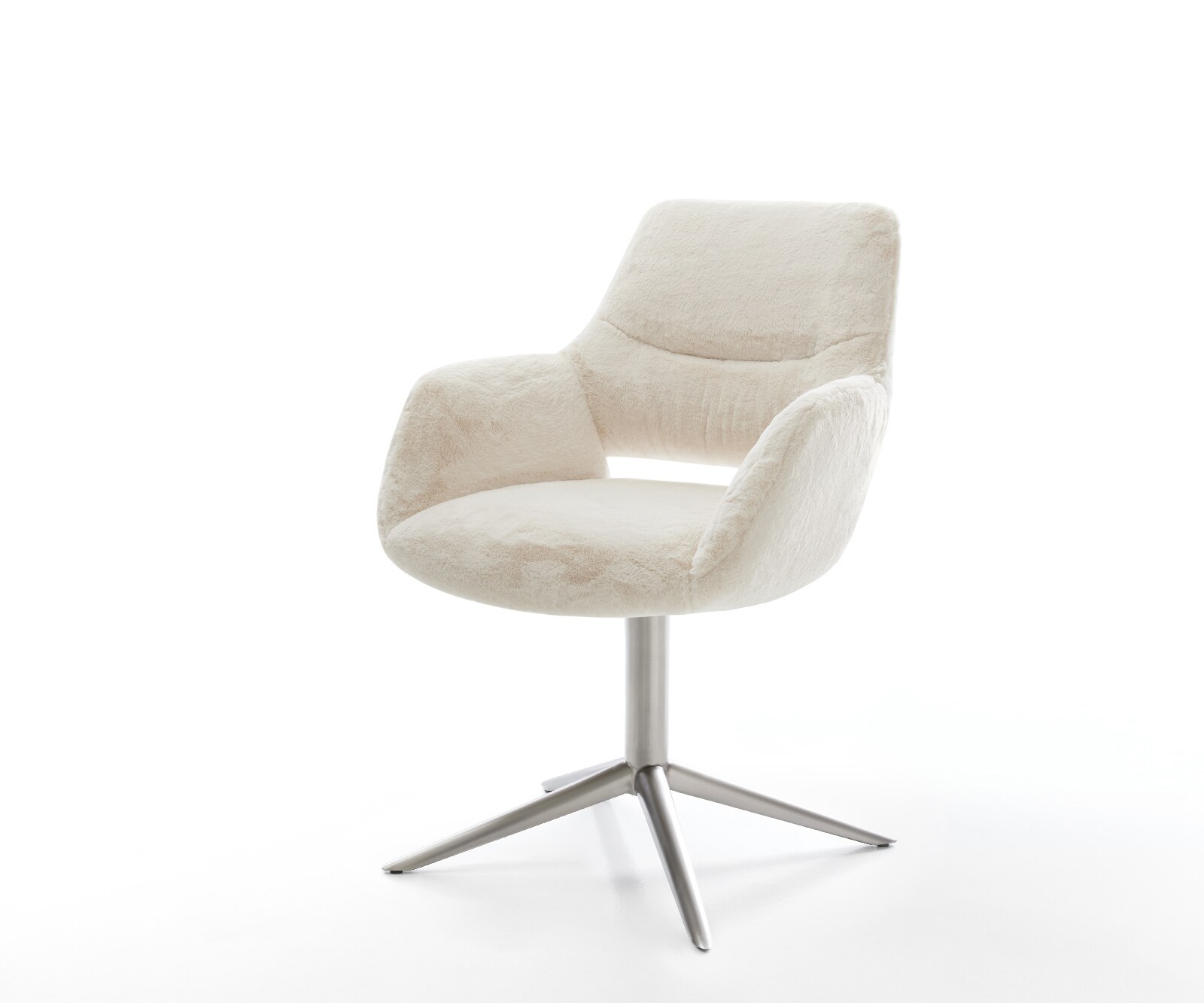 Drehstuhl Yago-Flex mit Armlehnen Plüsch Creme-Weiß Fußkreuz Edelstahl 360° drehbar Wippfunktion Taschenfederkern 1