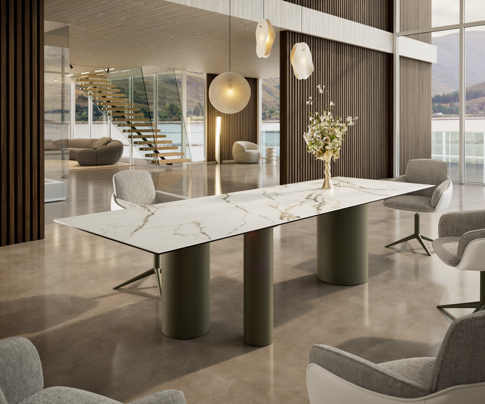 Esstisch Edge 300x100 Keramik Calacatta Luxe Weiß-Gold-Grau Troa Metall Effektfinish Titan 2