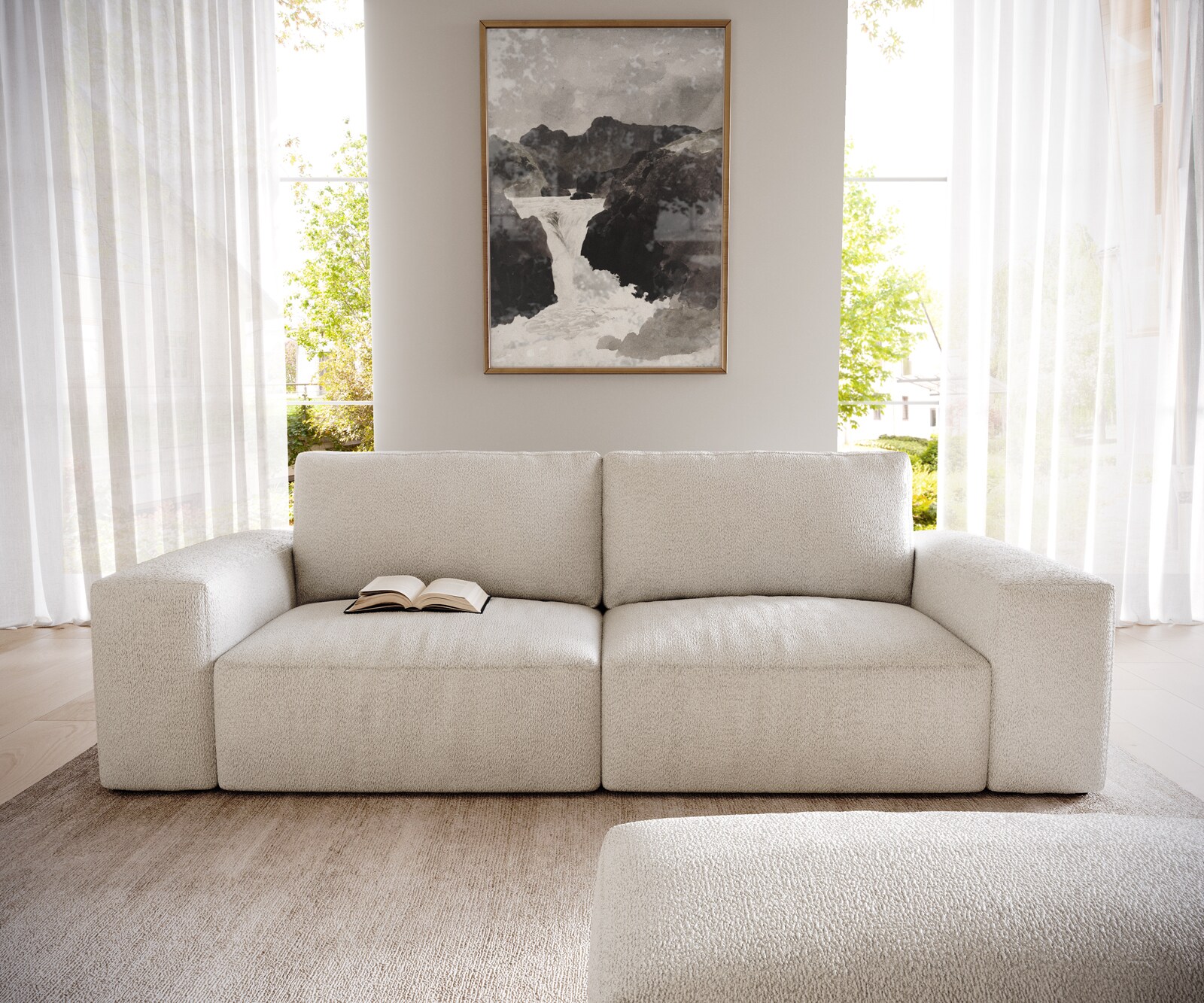 Big-Sofa Lanzo 230x95 cm Bouclé Creme-Weiß mit Hocker 2