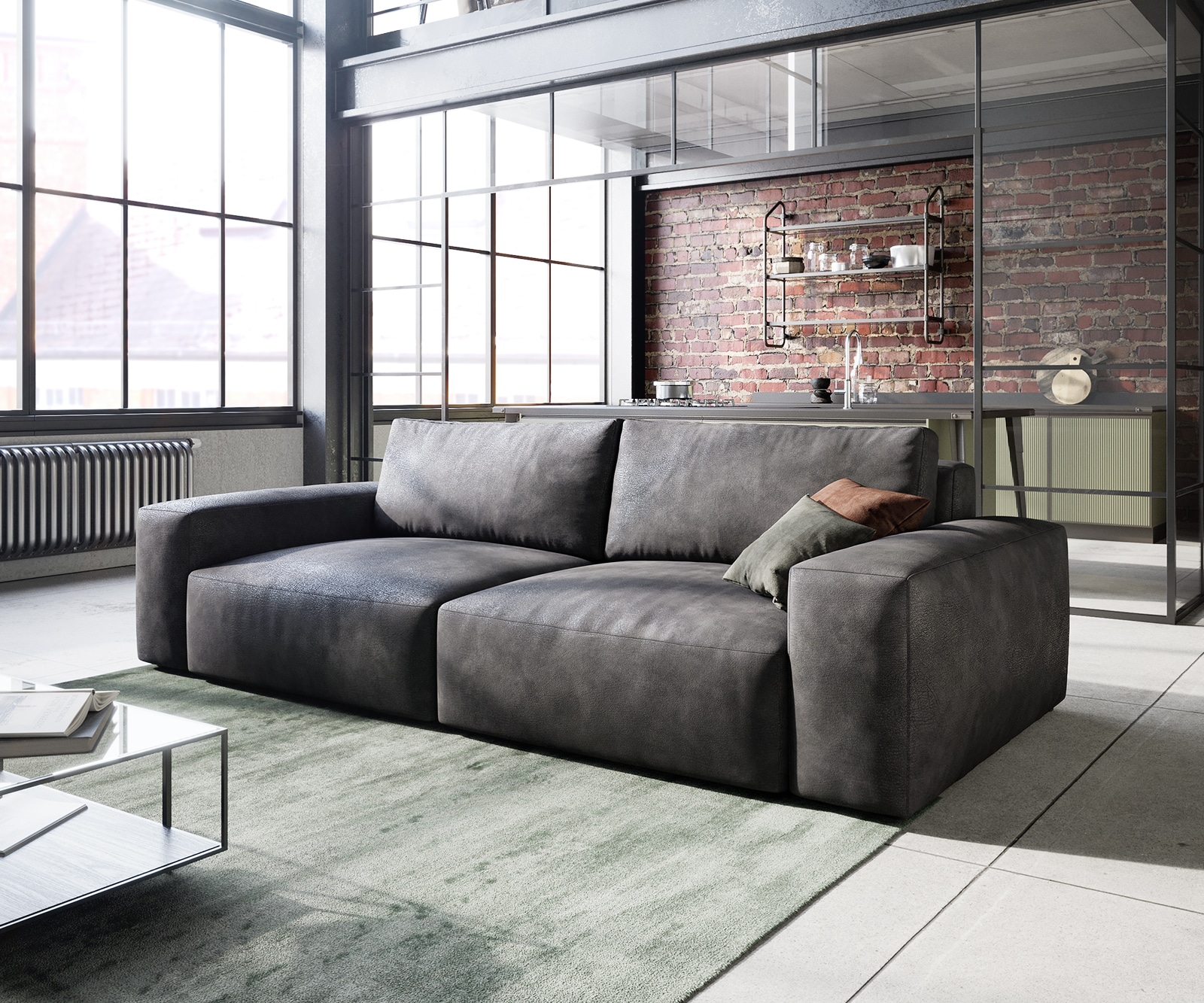 Big-Sofa Lanzo 230x95 cm Lederimitat Vintage Anthrazit