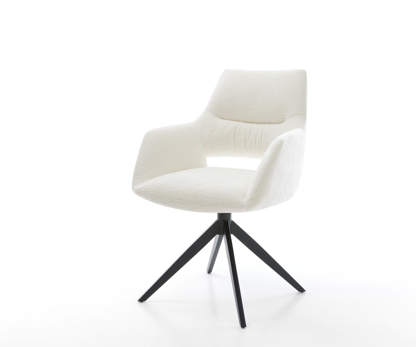Drehstuhl Yago-Flex mit Armlehnen Bouclé Soft Beige Kreuzgestell breit Schwarz 360° drehbar Wippfunktion Taschenfederkern