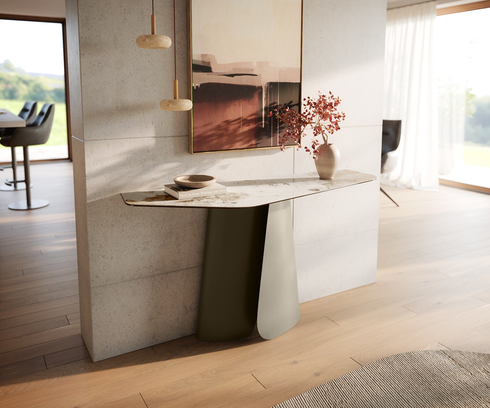 Console Edge Polygonal 140x50 cm Céramique Minas Melange Weiß-Beige Livos Métal Effektfinish Titan
