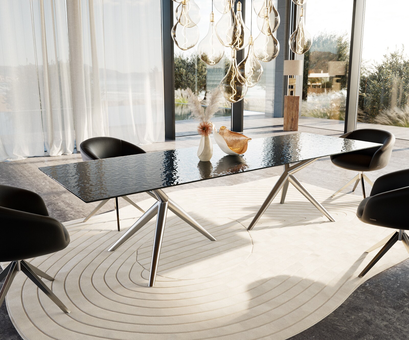 Esstisch Edge 300x100 Reliefglas Rauchschwarz 3D-Design Estelar rund Edelstahl 1