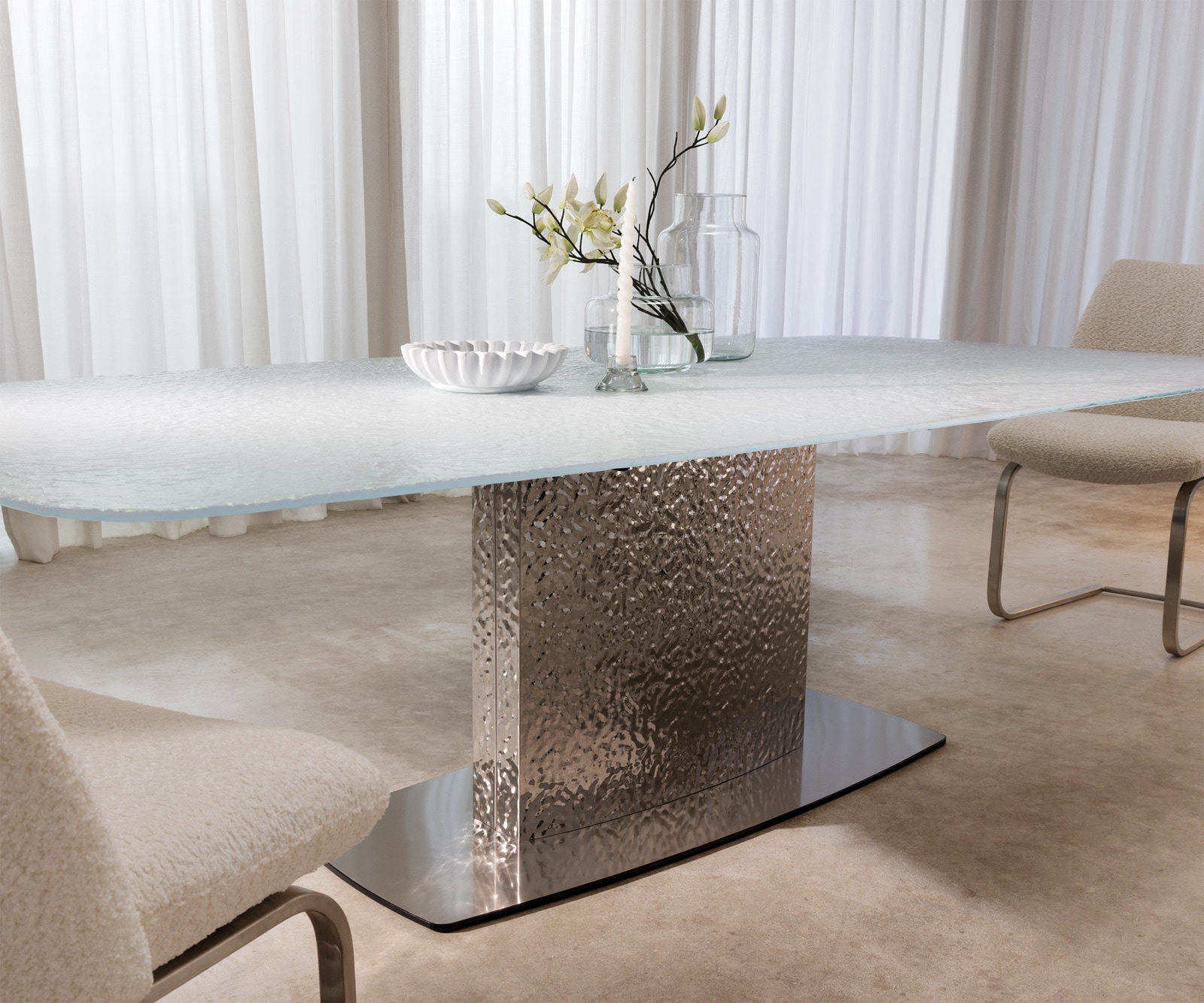 Esstisch Edge Boot 240x120 Reliefglas Perlmutt 3D-Design Wave Edelstahl 6