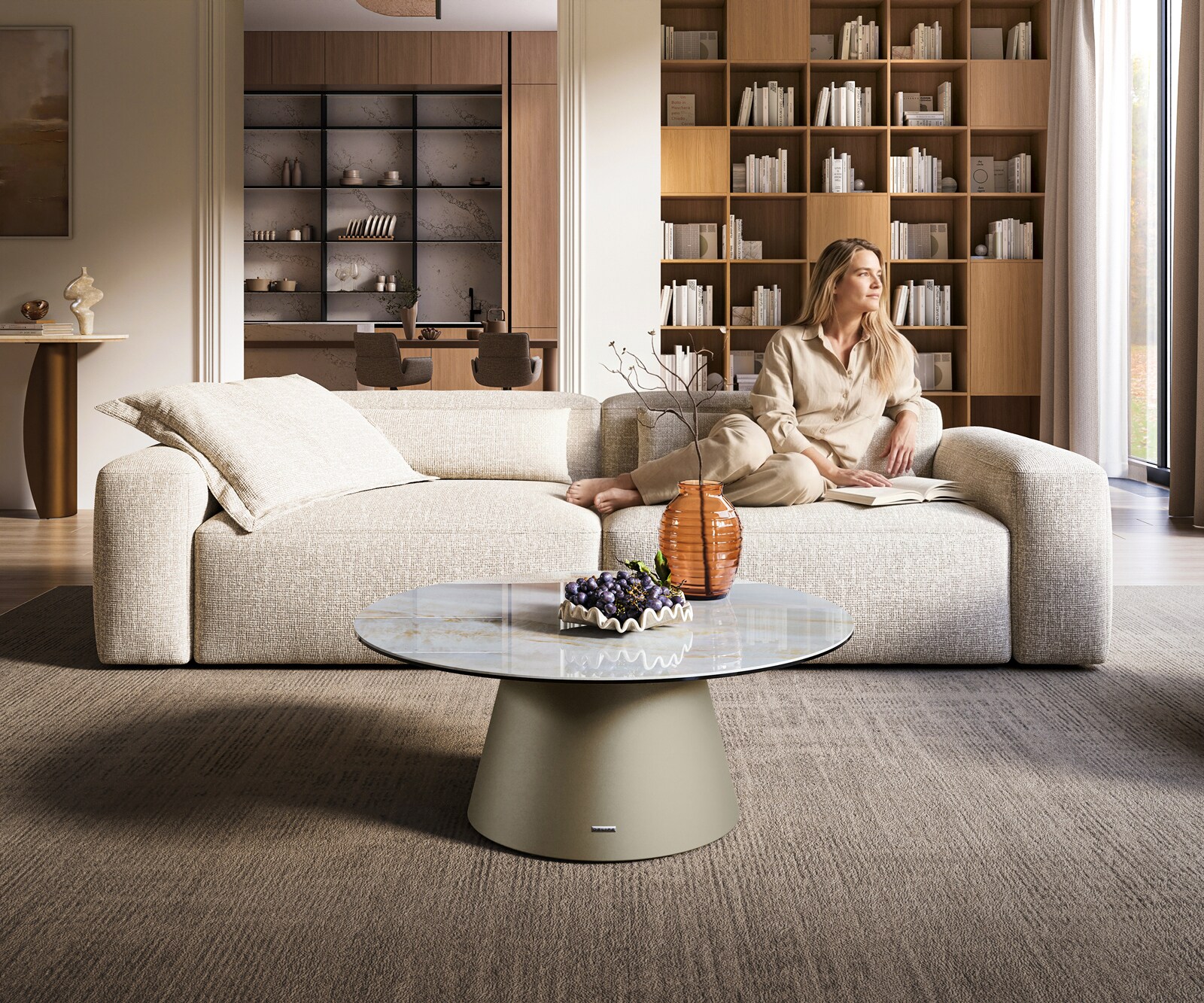 Couchtisch Edge Rund 90x90 cm Keramik Onyx Pearl Borna Effektfinish Titan 1