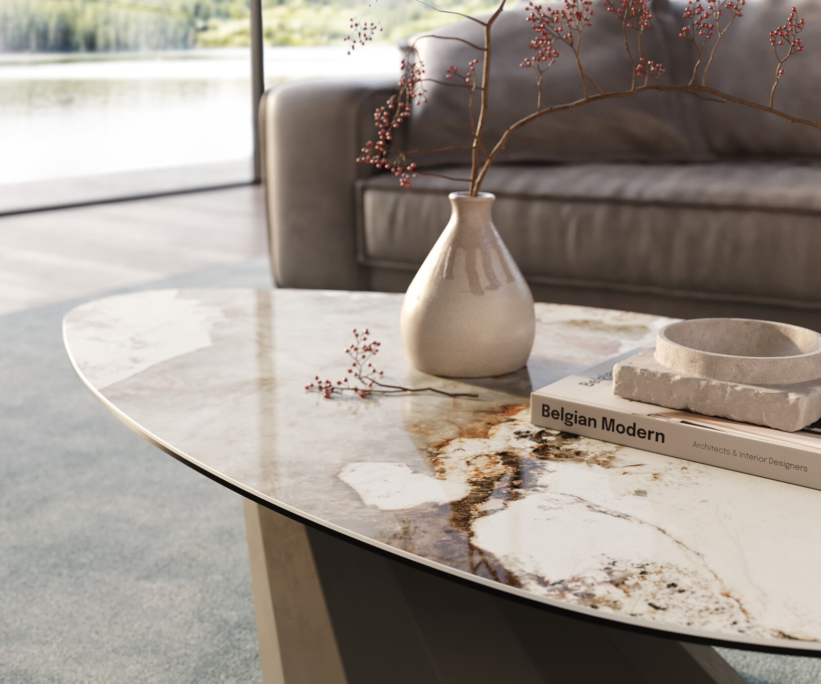 Couchtisch Edge Organisch 140x76 cm Keramik Minas Melange Parabi Metall Effektfinish Titan 6
