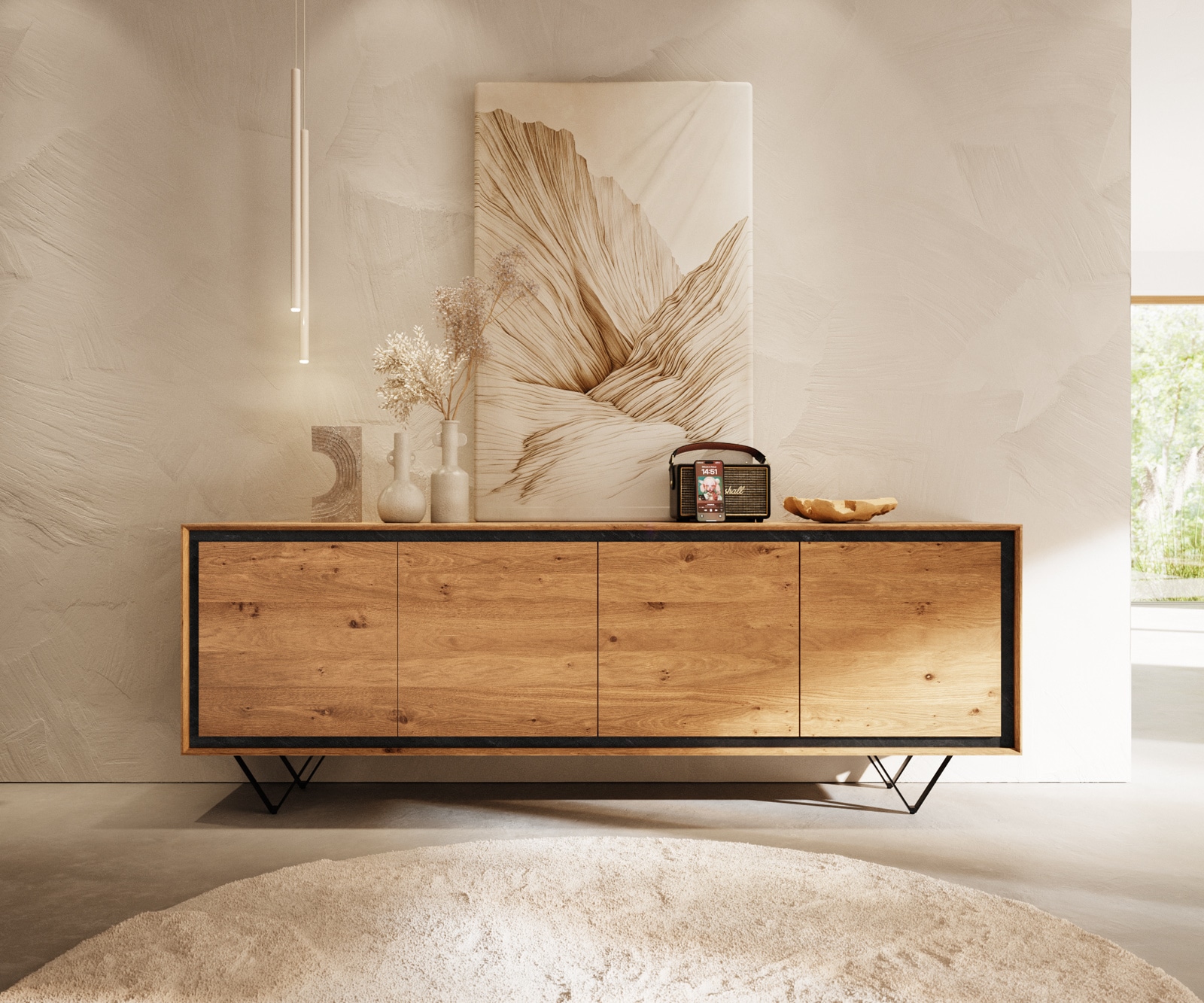 Sideboard Stonegrace 200 cm Eiche Natur 4 Türen Steinfurnier V-Fuß Metall Schwarz 1 Sideboard Stonegrace 200 cm Eiche Natur 4 Türen Steinfurnier V-Fuß Metall Schwarz 1