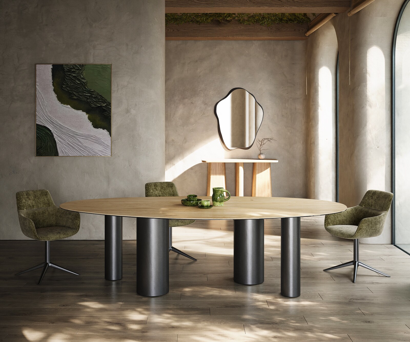 Esstisch Edge Oval 280x130 Keramik Laminam® Sabbia Eichefarbig Pilier Edelstahl Graphit 1