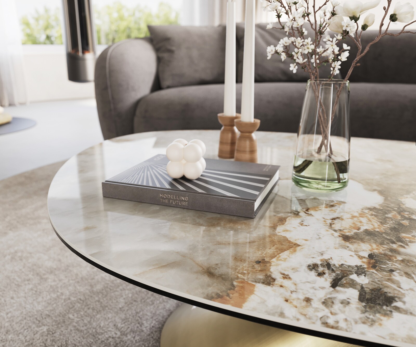 Couchtisch Edge Oval 140x75 cm Keramik Minas Melange Conis Metallic Gold 5