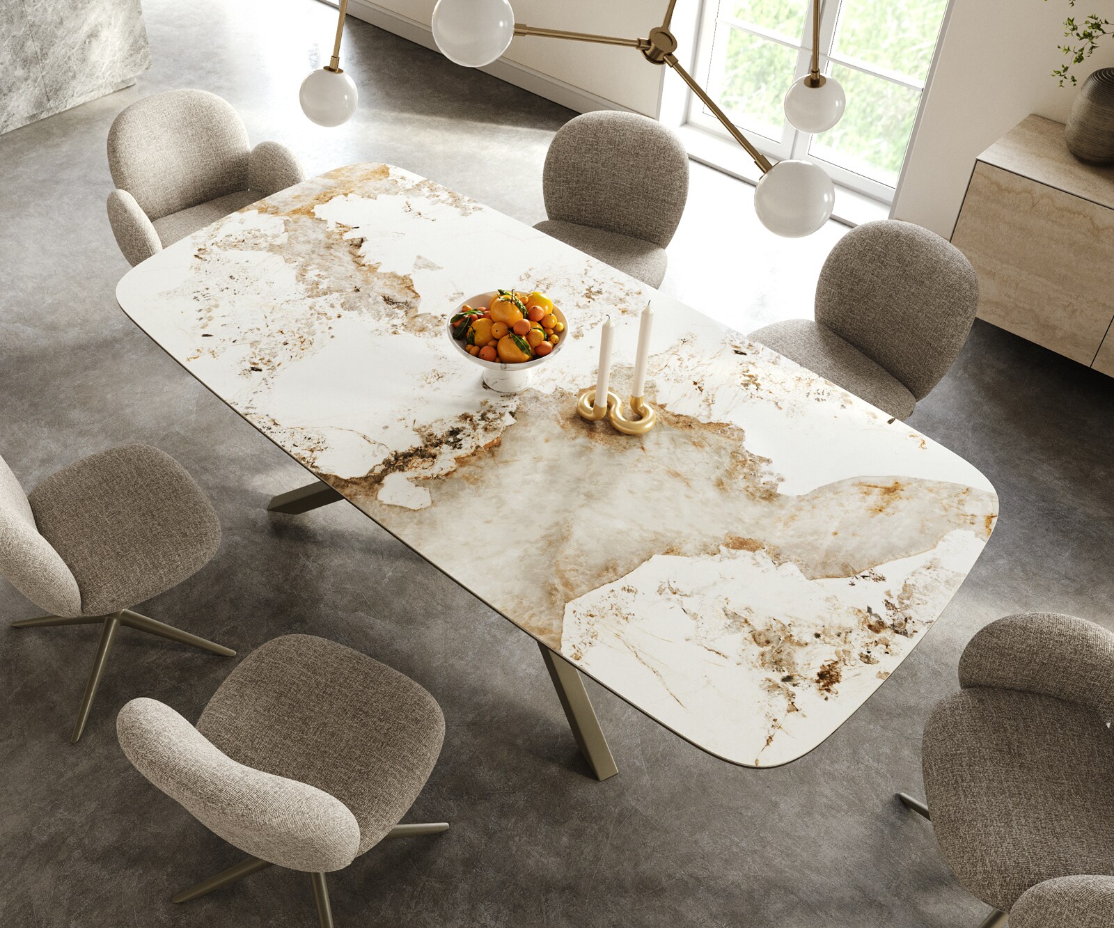 Esstisch Edge Boot 240x120 cm Keramik Minas Melange Weiß-Beige Kreuzgestell Rechteck Effektfinish Titan 4