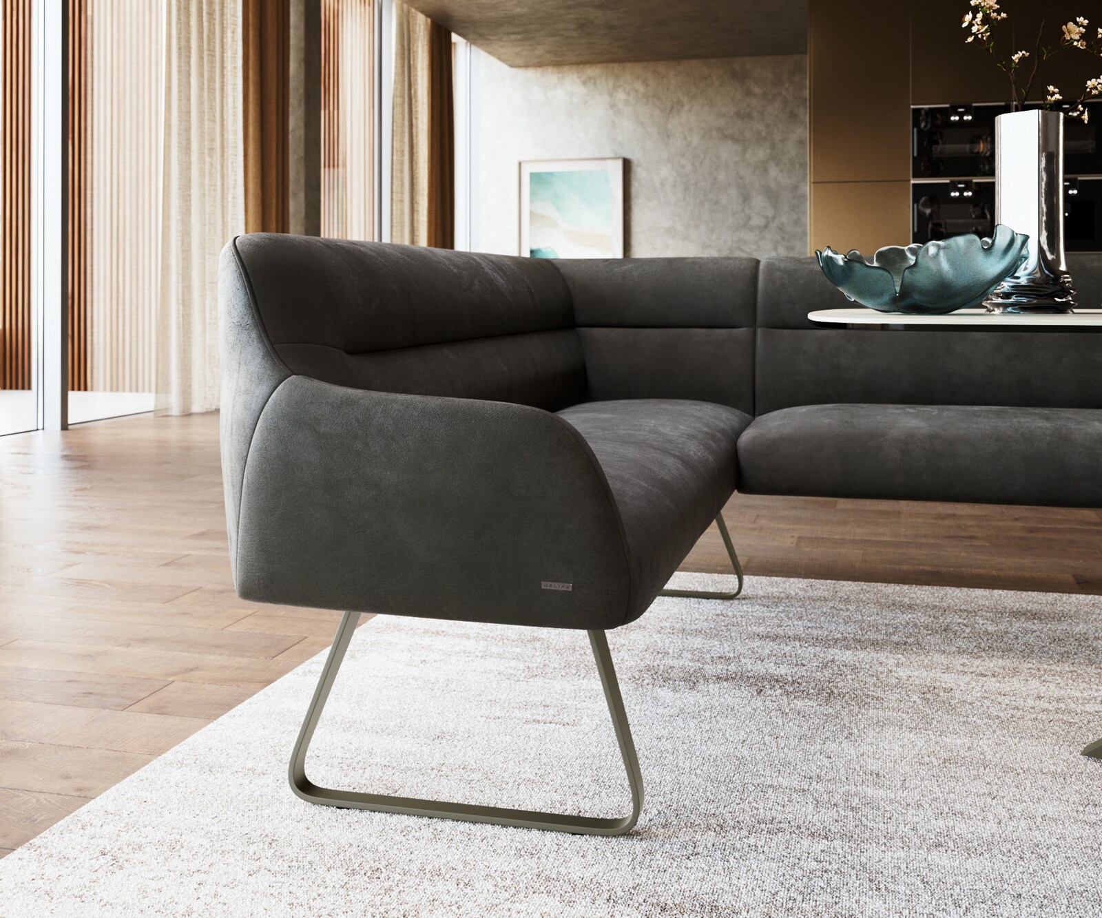 Esszimmerbank Taya-Flex 285x190 cm Mikrofaser Anthrazit Vintage Kufengestell flach Effektfinish Titan Taschenfederkern Rechts 4