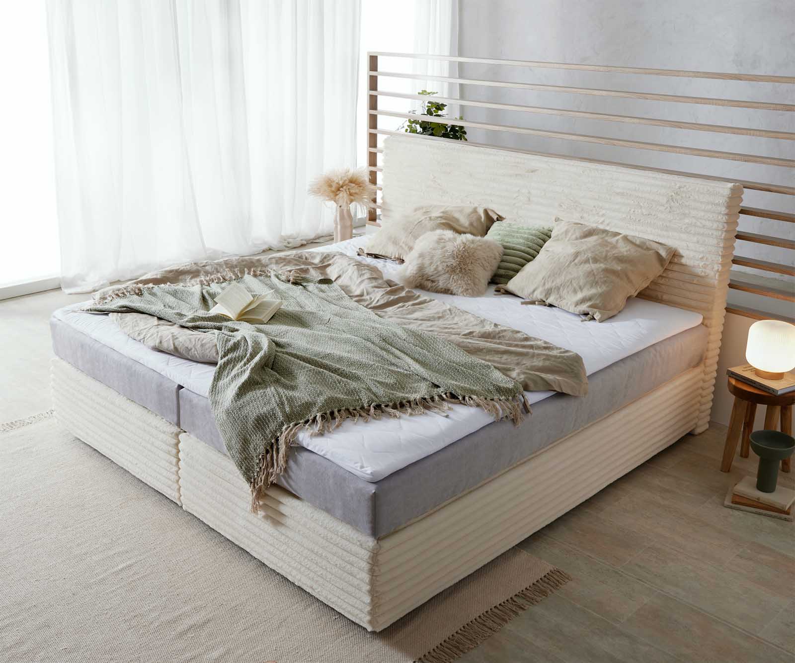 Boxspringbett Dream-Well Plüsch-Cord Beige 200x200 cm mit Taschenfederkernmatratze und Topper Visco 3