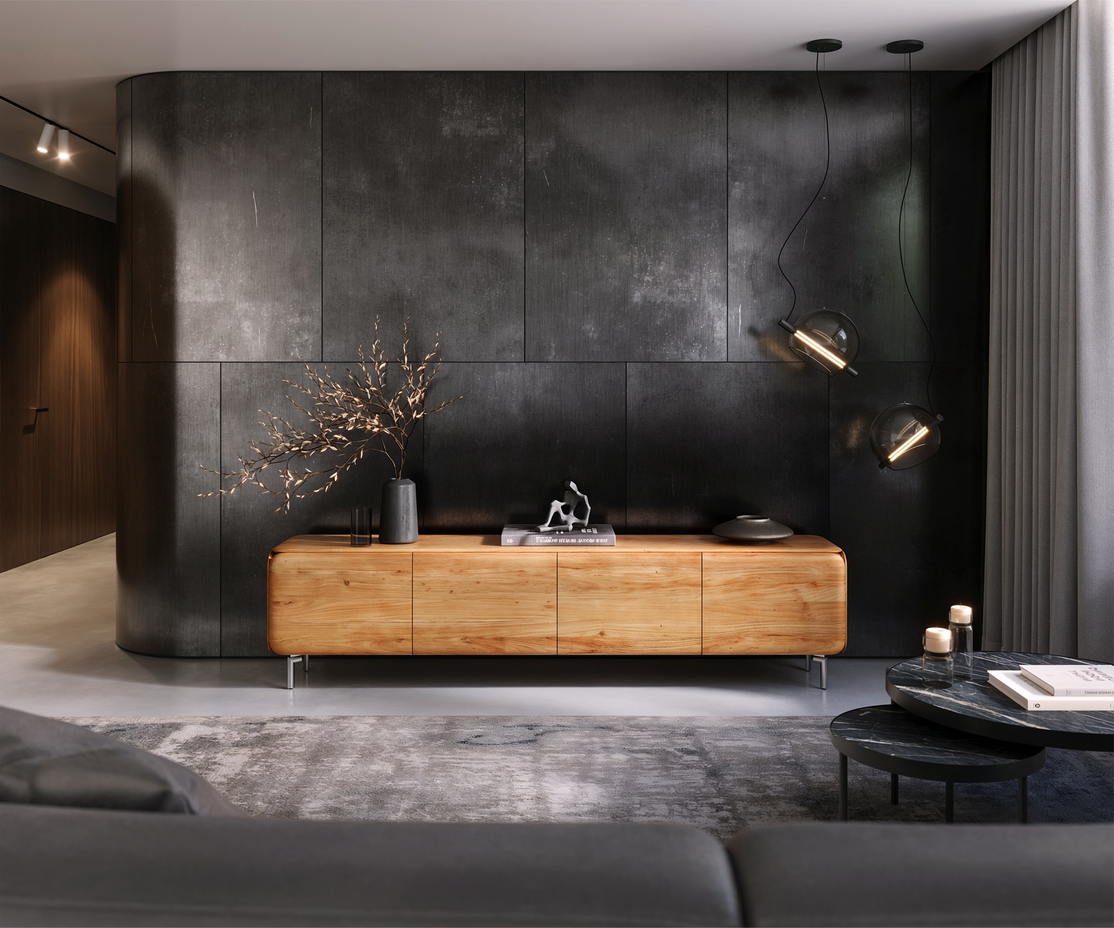 Lowboard Shavani 220 cm Akazie Natur 4 Türen Fuß Oval Edelstahl 2