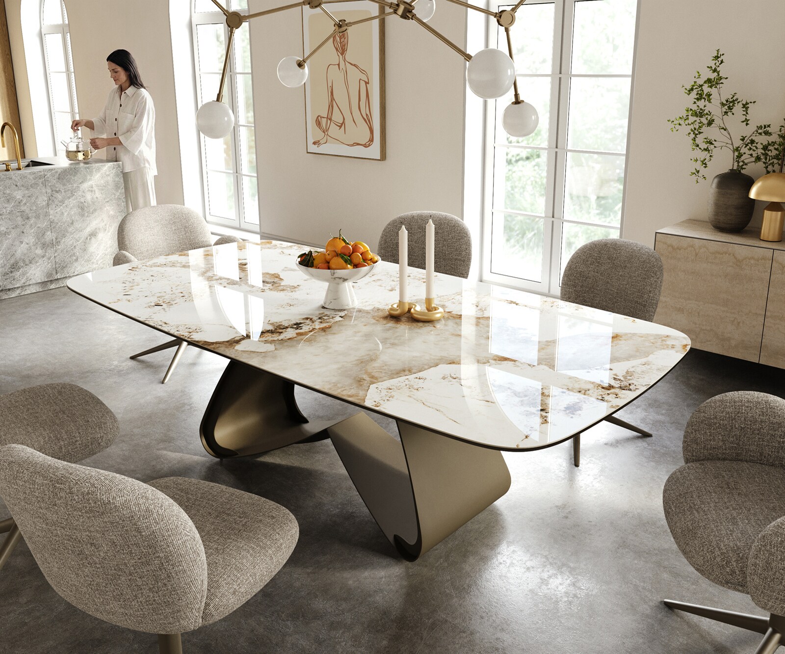 Esstisch Edge Boot 240x120 cm Keramik Minas Melange Weiß-Beige W-Gestell Metall Effektfinish Titan 1