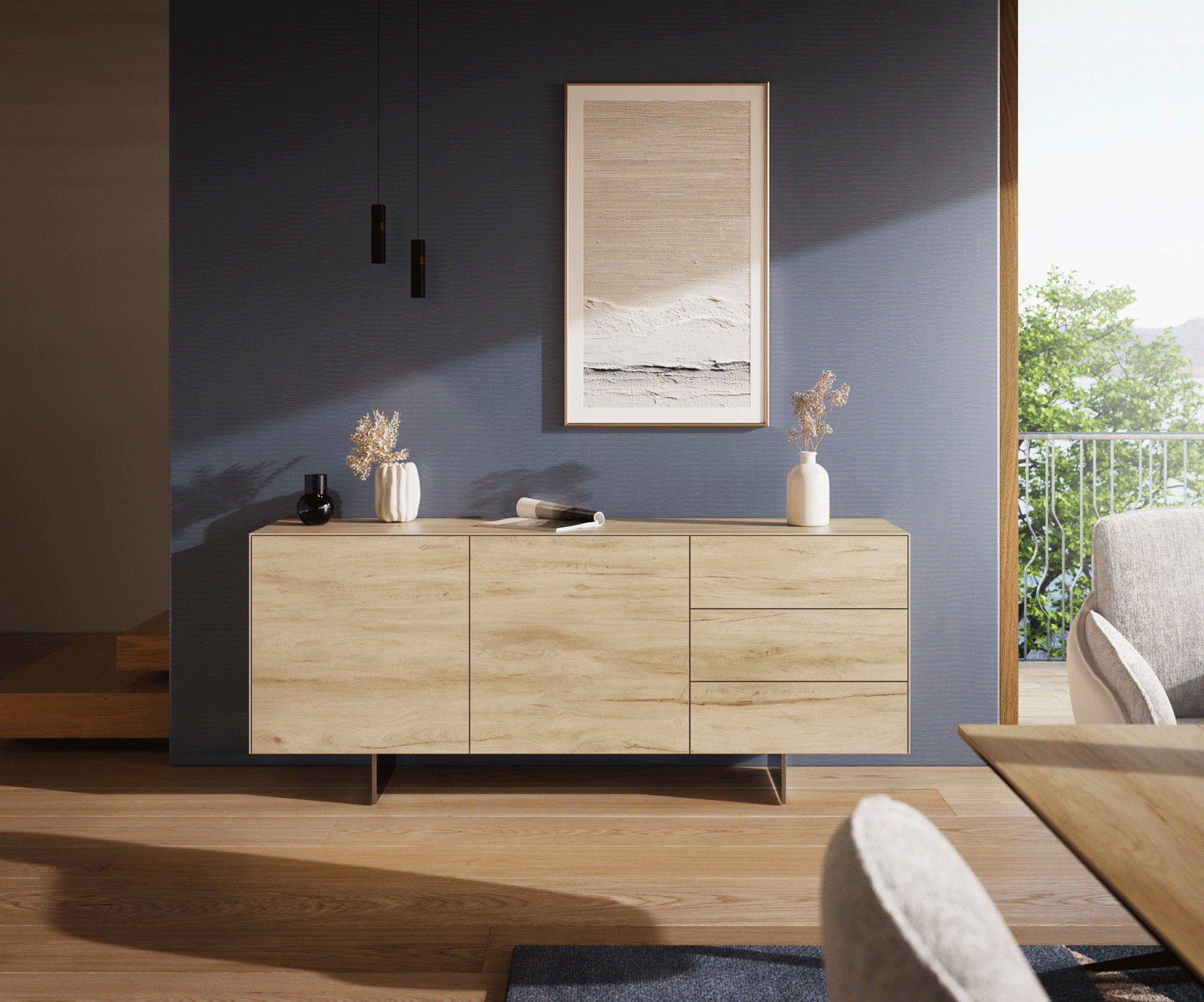 Sideboard Cuor 180 cm Keramik Laminam® Sabbia Eichefarbig 2 Türen 3 Schubfächer Fuß Schwebeoptik Edelstahl 1