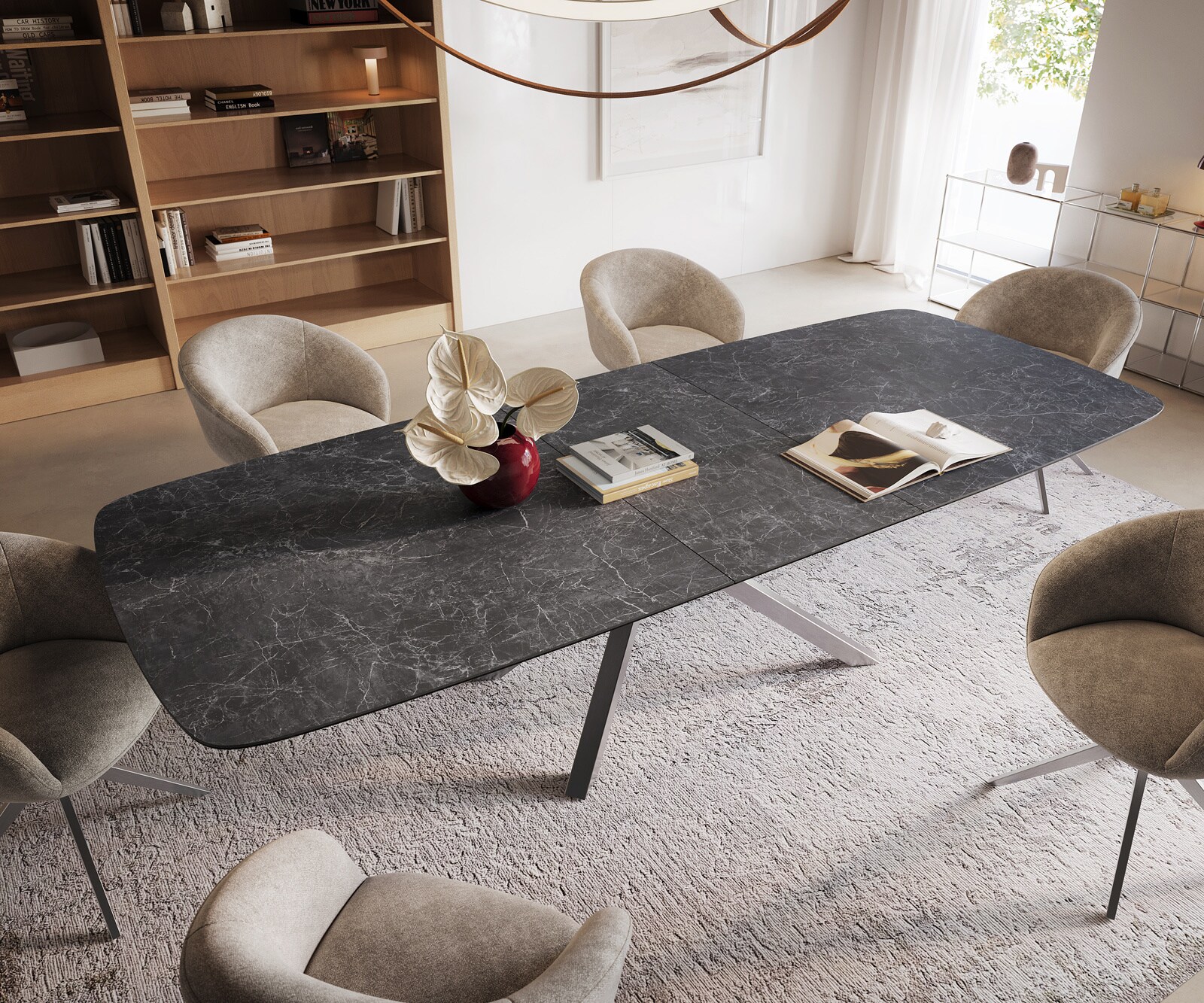 Esstisch Edge Boot 240-300x120 cm Keramik Laminam® Nero Greco Anthrazit Kreuzgestell Rechteck Edelstahl ausziehbar 4
