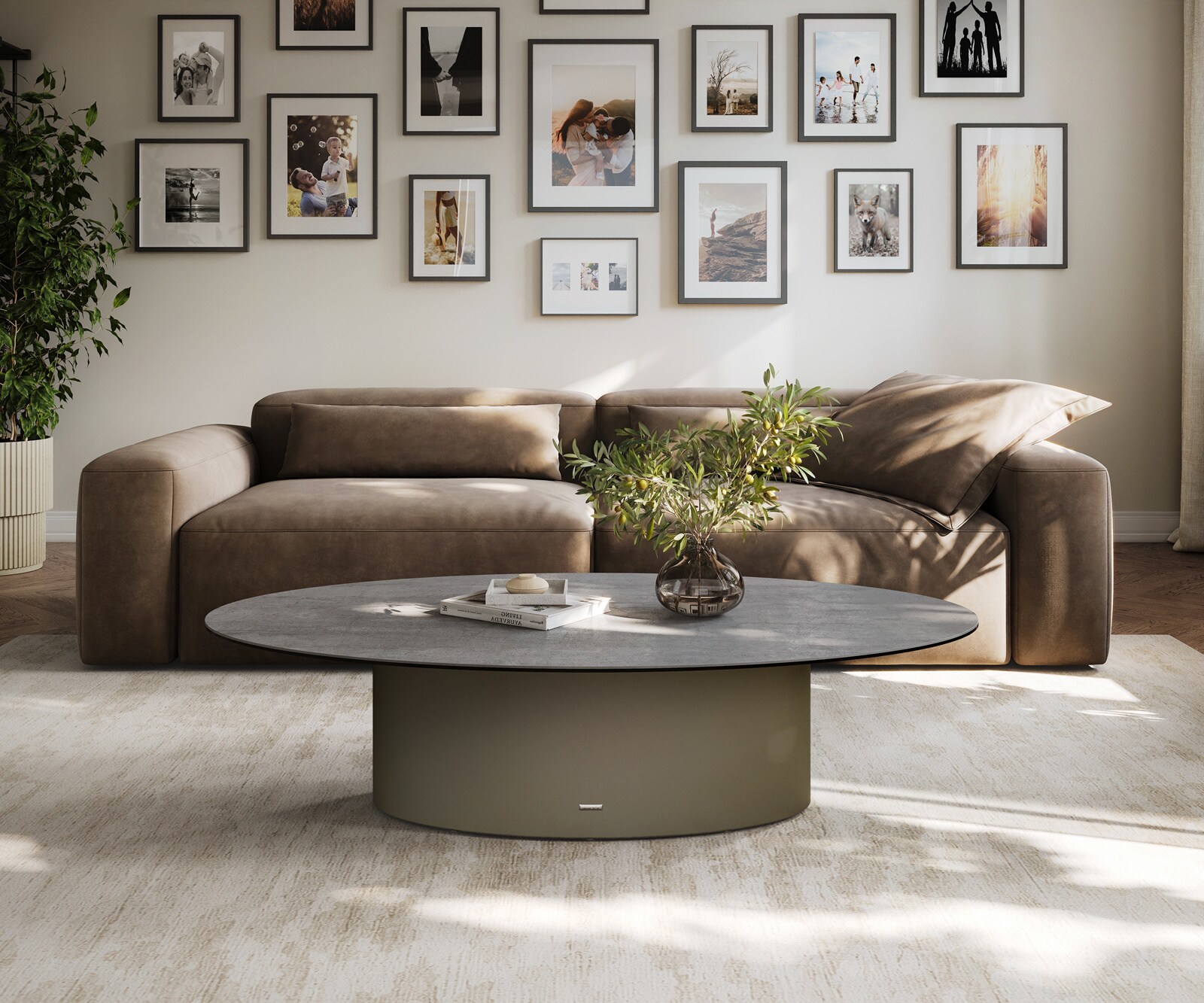 Couchtisch Edge Oval 140x80 cm Keramik Beton Grau Casilda Effektfinish Titan 1