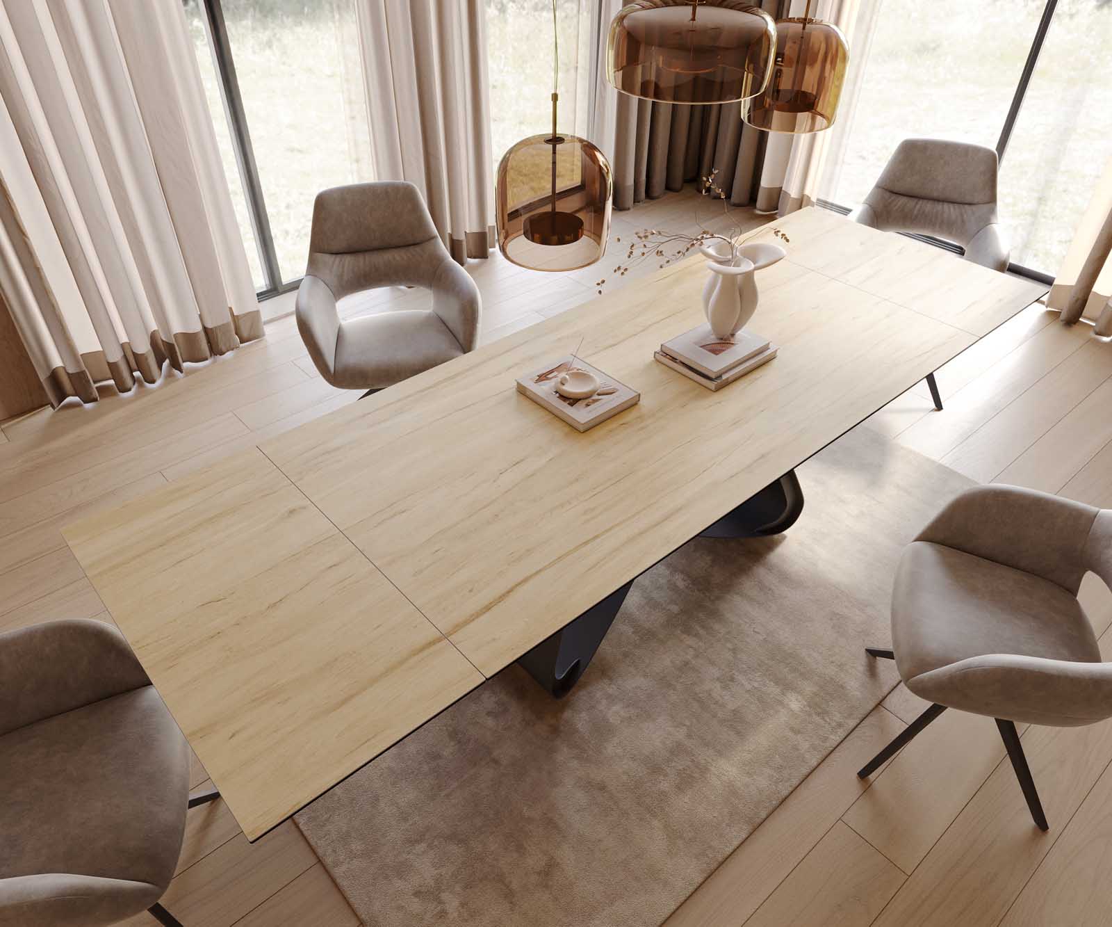 Esstisch Edge 200-300x100 Keramik Laminam® Sabbia Eichefarbig W-Gestell Schwarz ausziehbar 3