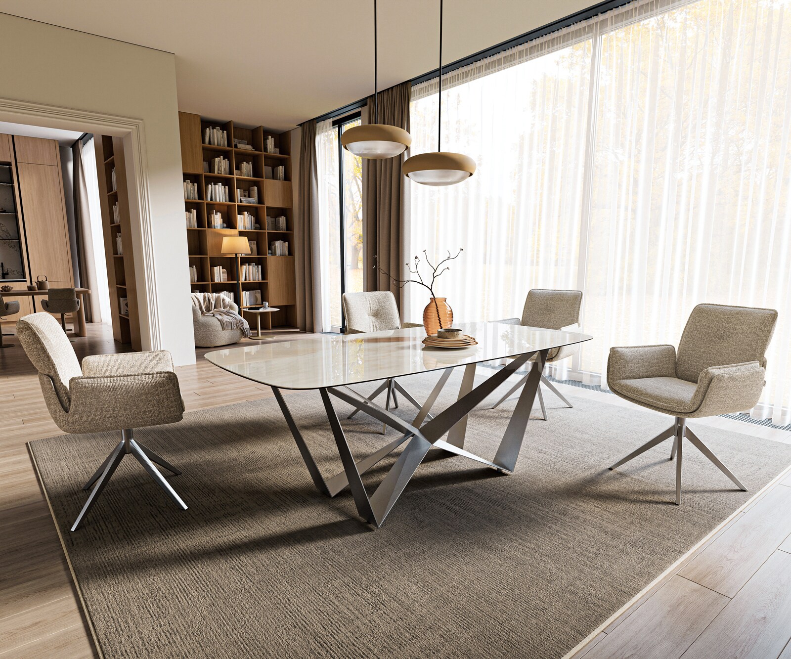 Esstisch Edge Boot 200x100 cm Keramik Onyx Champagne Spider Flachstahl Edelstahl Graphit 7