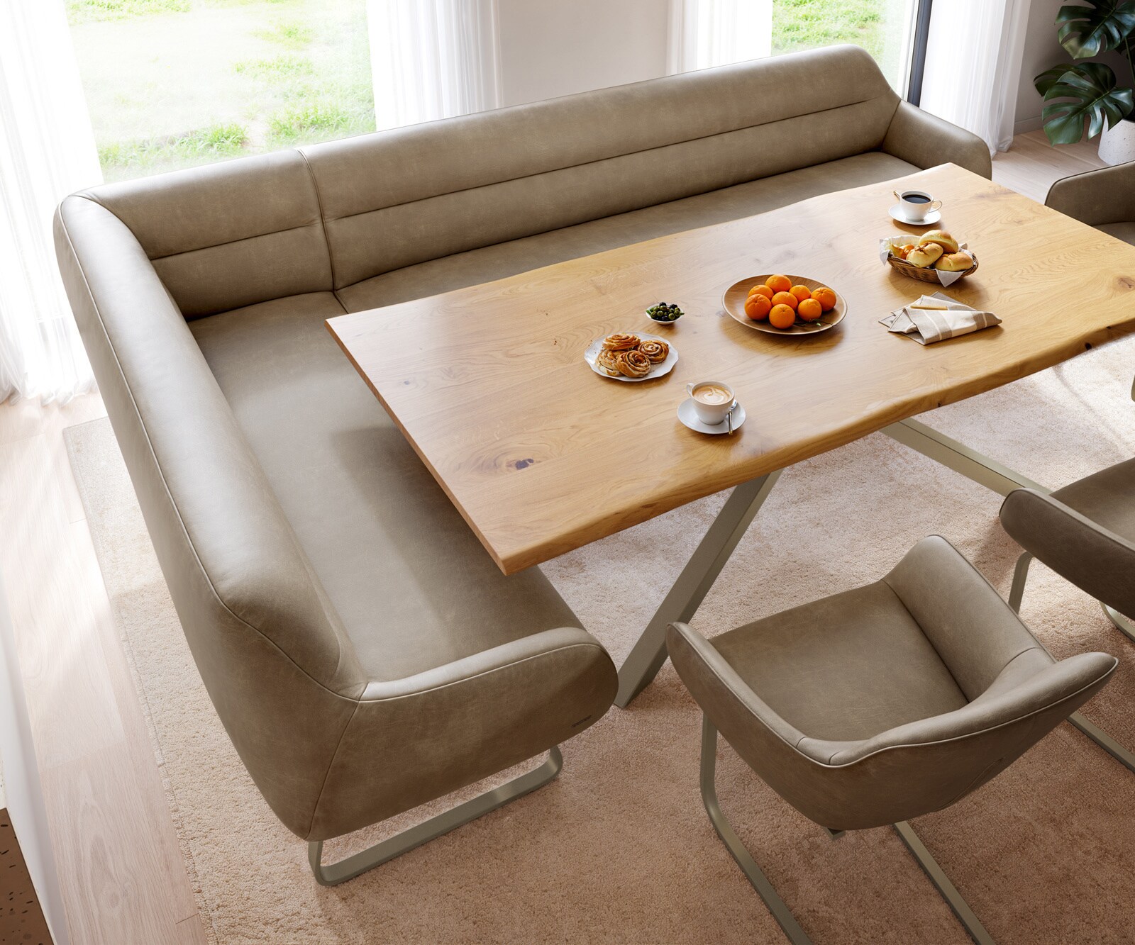 Esszimmerbank Taya-Flex 285x190 cm Mikrofaser Beige Vintage Kufengestell flach Effektfinish Titan Taschenfederkern Rechts 3