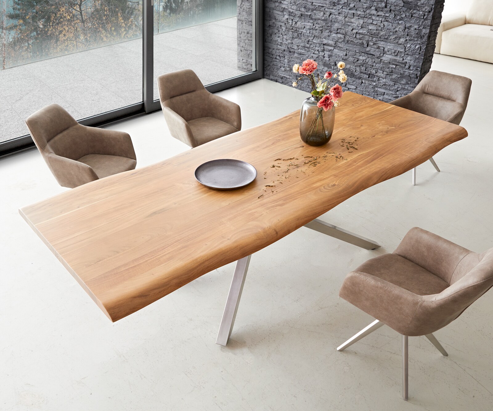 Esstisch Edge 260x100 XL Akazie Natur Kreuzgestell Rechteck Edelstahl Live-Edge 4