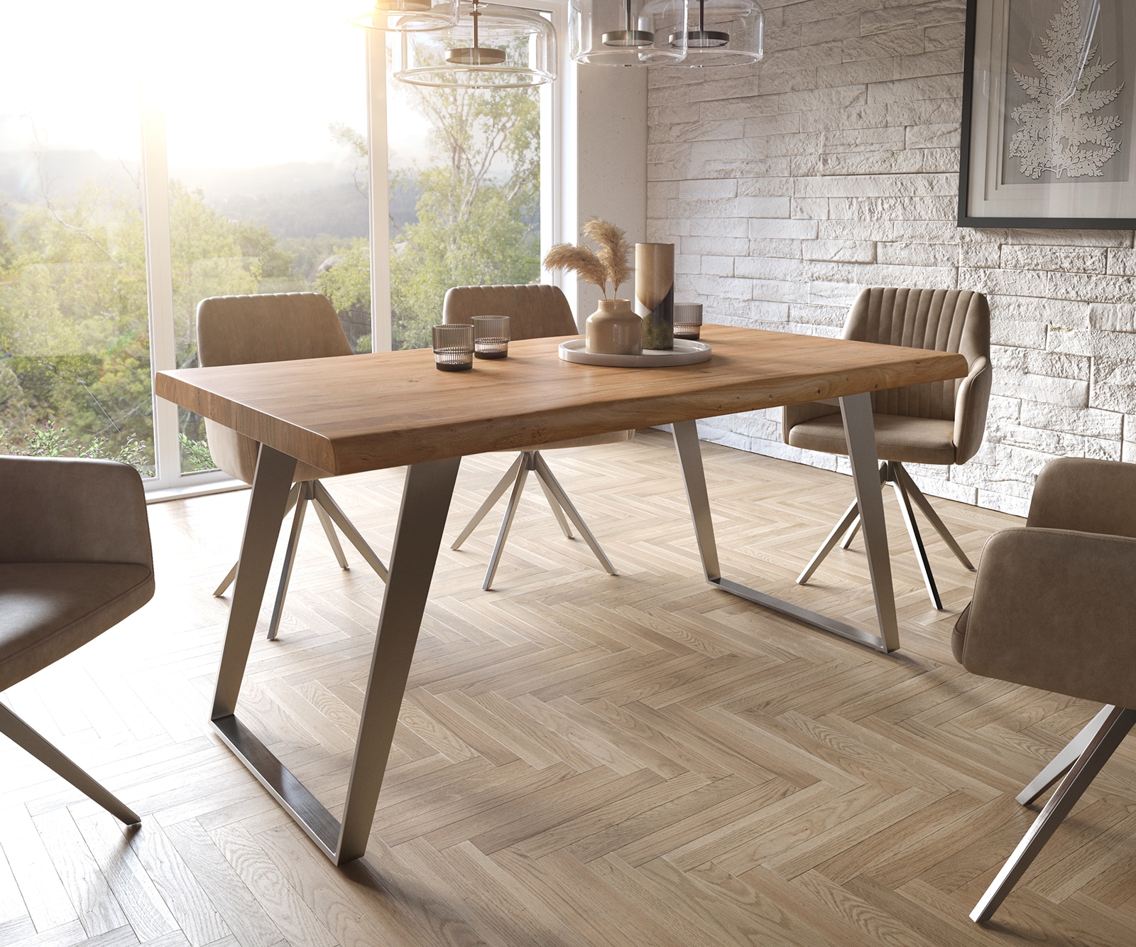 Esstisch Edge 160x90 XL Akazie Natur Edelstahl Schräg Live-Edge Esstisch Edge 160x90 XL Akazie Natur Edelstahl Schräg Live-Edge