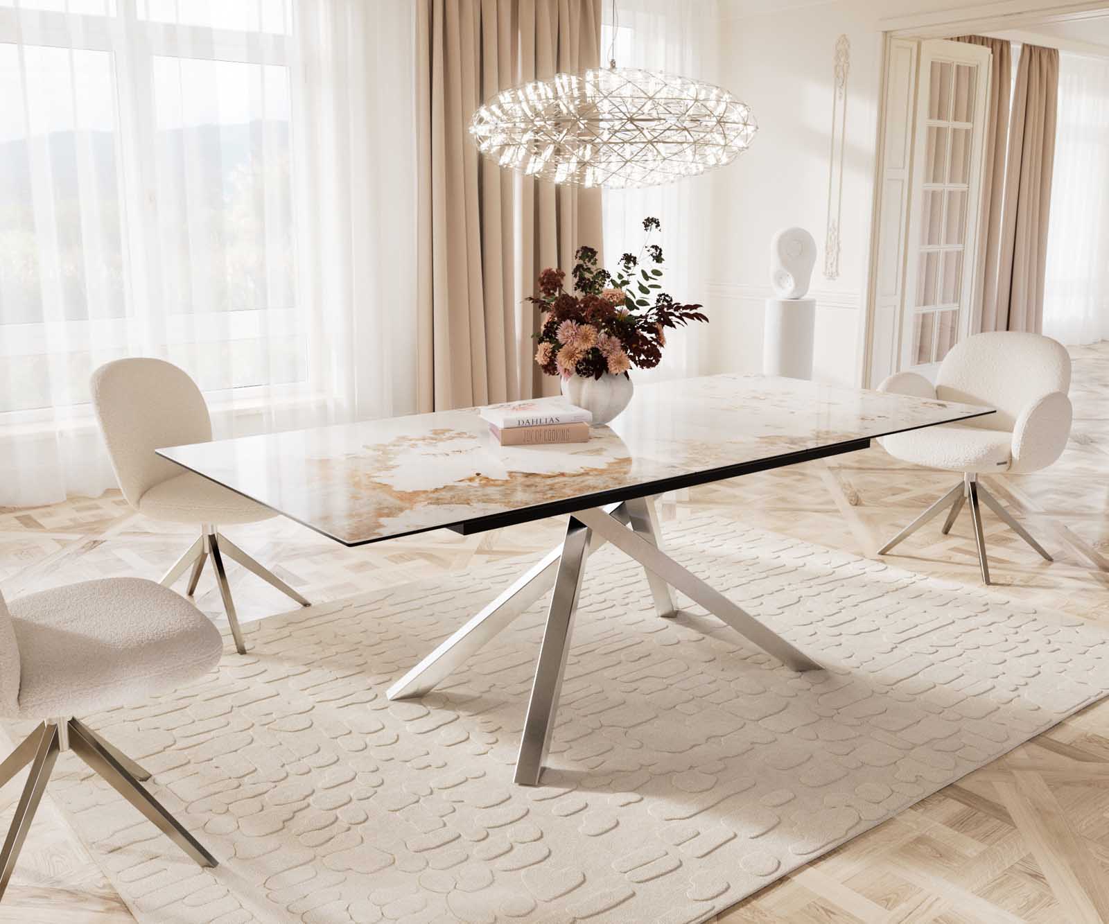 Esstisch Edge 180-220x100 Keramik Minas Melange Weiß-Beige Kreuzgestell Rechteck Edelstahl ausziehbar Esstisch Edge 180-220x100 Keramik Minas Melange Weiß-Beige Kreuzgestell Rechteck Edelstahl ausziehbar