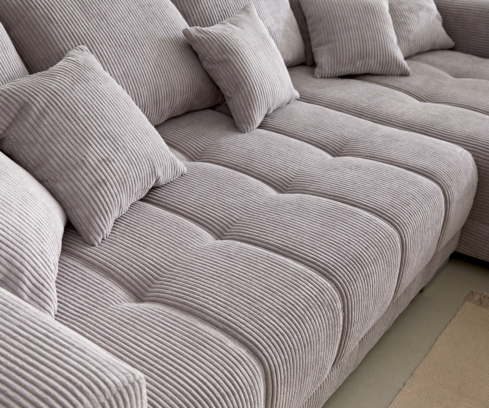 Ecksofa Josea 300x220 cm Cord Silbergrau Ottomane rechts 4