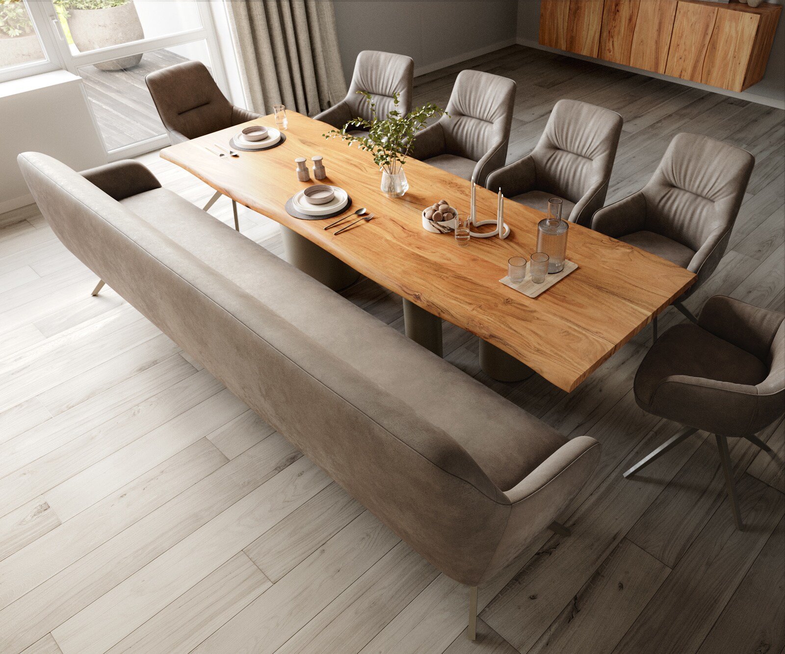 Esszimmerbank Taya-Flex 300 cm Mikrofaser Taupe Vintage Kreuzgestell kantig Effektfinish Titan Taschenfederkern 3