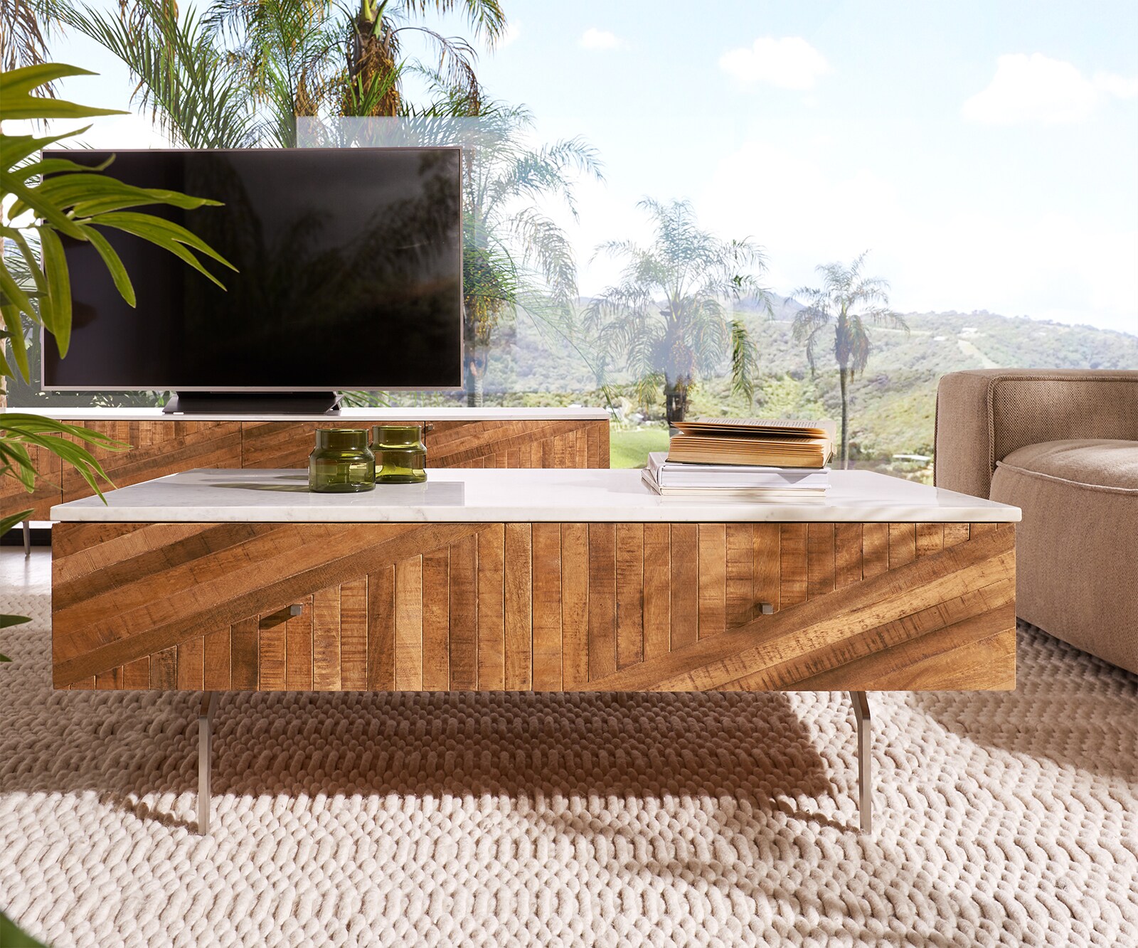 Couchtisch Bahan 115x60 cm Mango Teak 2 Schubladen Marmorplatte weiss Winkelfuß Edelstahl 1