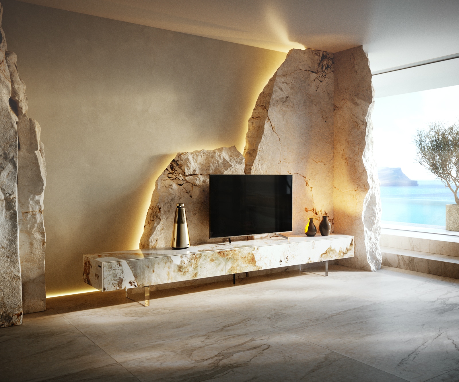 Lowboard Cuor 250 cm Keramik Minas Melange Weiß-Beige 1 Klappe 1 Schubfach Fuß Schwebeoptik Acrylglas 1 Lowboard Cuor 250 cm Keramik Minas Melange Weiß-Beige 1 Klappe 1 Schubfach Fuß Schwebeoptik Acrylglas 1