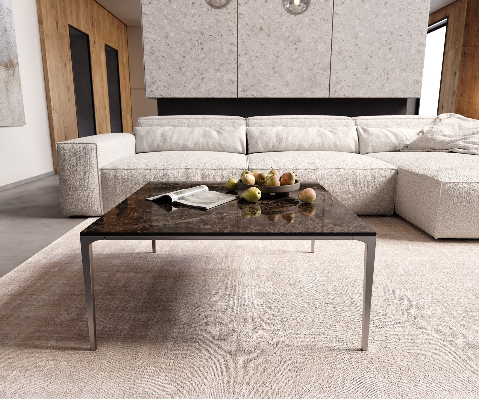 Couchtisch Levente 85x85 cm Keramik Emperador Extra Lucidato Dunkelbraun Gestell Edelstahl Silber 1