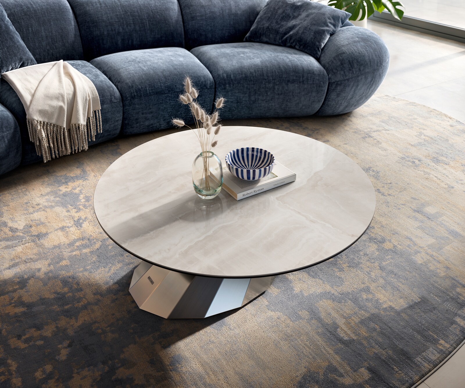 Couchtisch Edge Rund 100x100 cm Keramik Onyx Champagne Parabi Edelstahl gebürstet 4