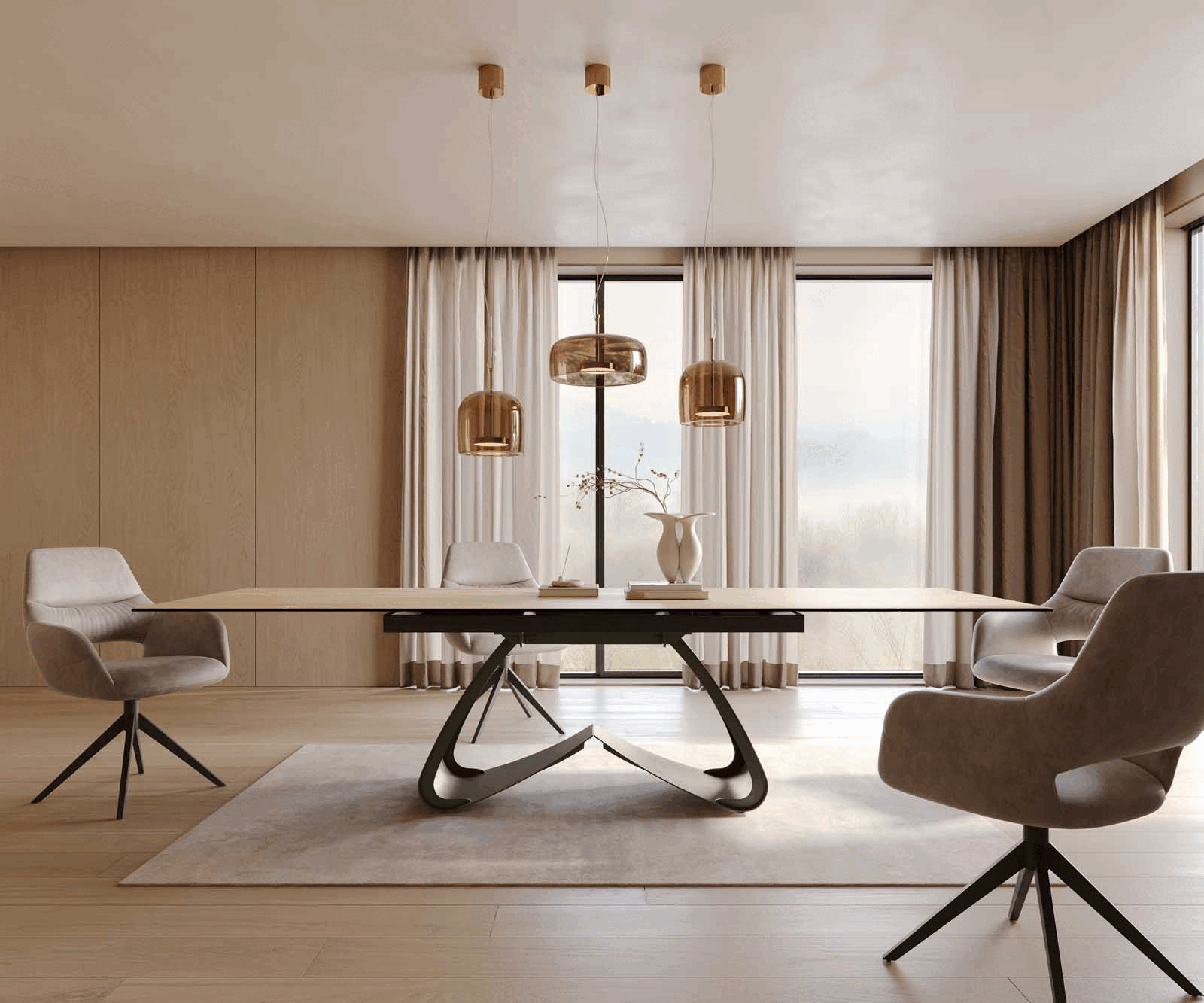 Esstisch Edge 200-300x100 Keramik Laminam® Sabbia Eichefarbig W-Gestell Effektfinish Titan Ausziehbar 1