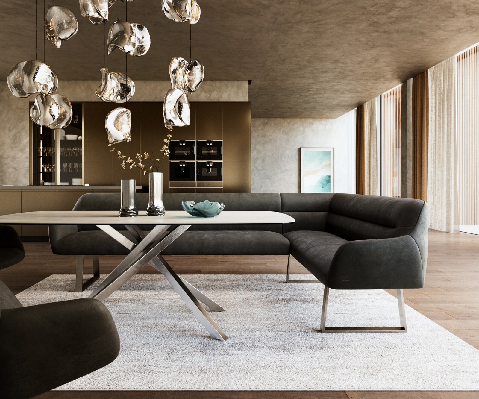 Esszimmerbank Taya-Flex 285x190 cm Mikrofaser Anthrazit Vintage Kufengestell kantig Edelstahl Taschenfederkern Links 2