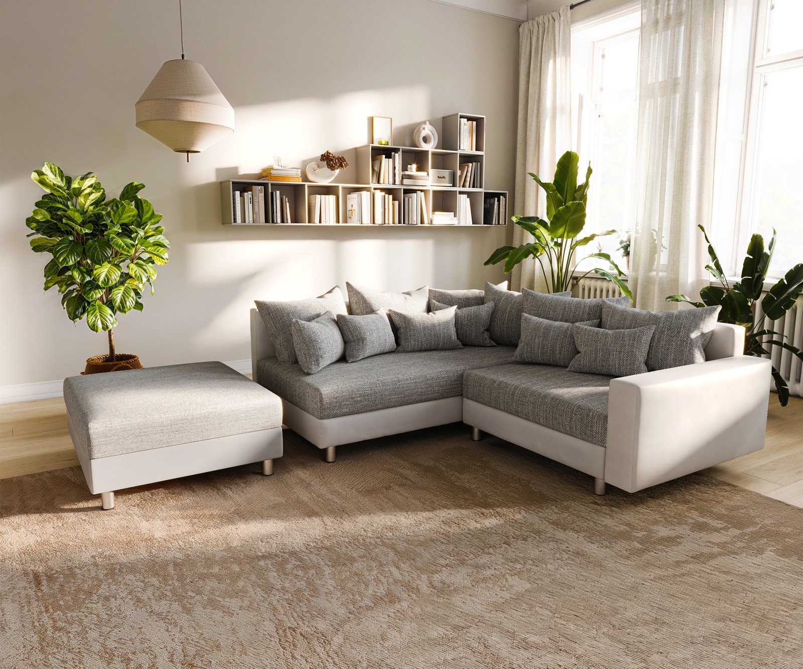 Ecksofa Clovis Weiss Hellgrau Hocker Armlehne Ottomane Links Modulsofa günstig online kaufen