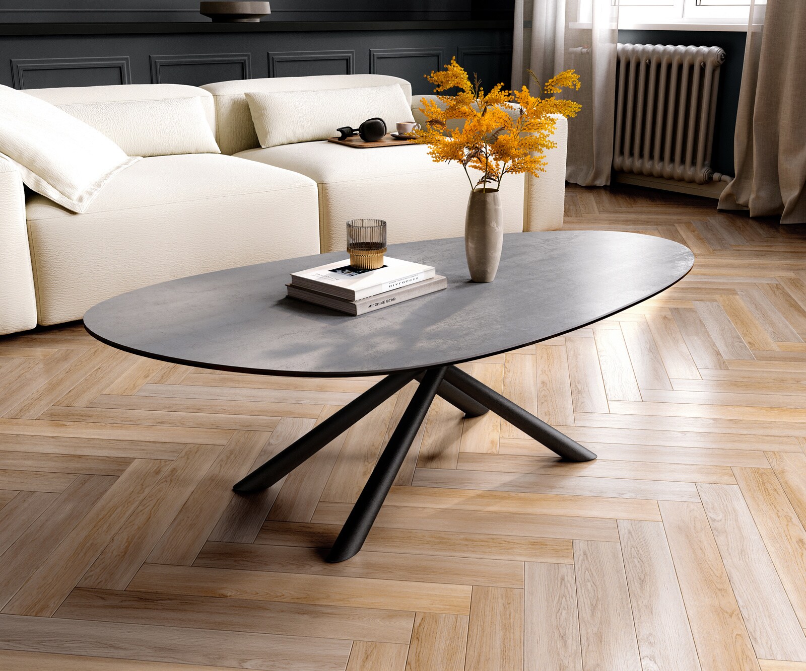 Couchtisch Edge Oval 140x75 cm Keramik Beton Grau Sarity Metall Schwarz