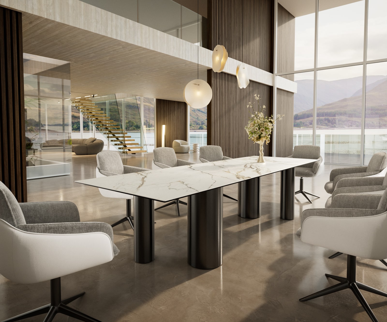 Esstisch Edge 300x100 Keramik Calacatta Luxe Weiß-Gold-Grau Pilier Edelstahl Graphit 6 Esstisch Edge 300x100 Keramik Calacatta Luxe Weiß-Gold-Grau Pilier Edelstahl Graphit 6