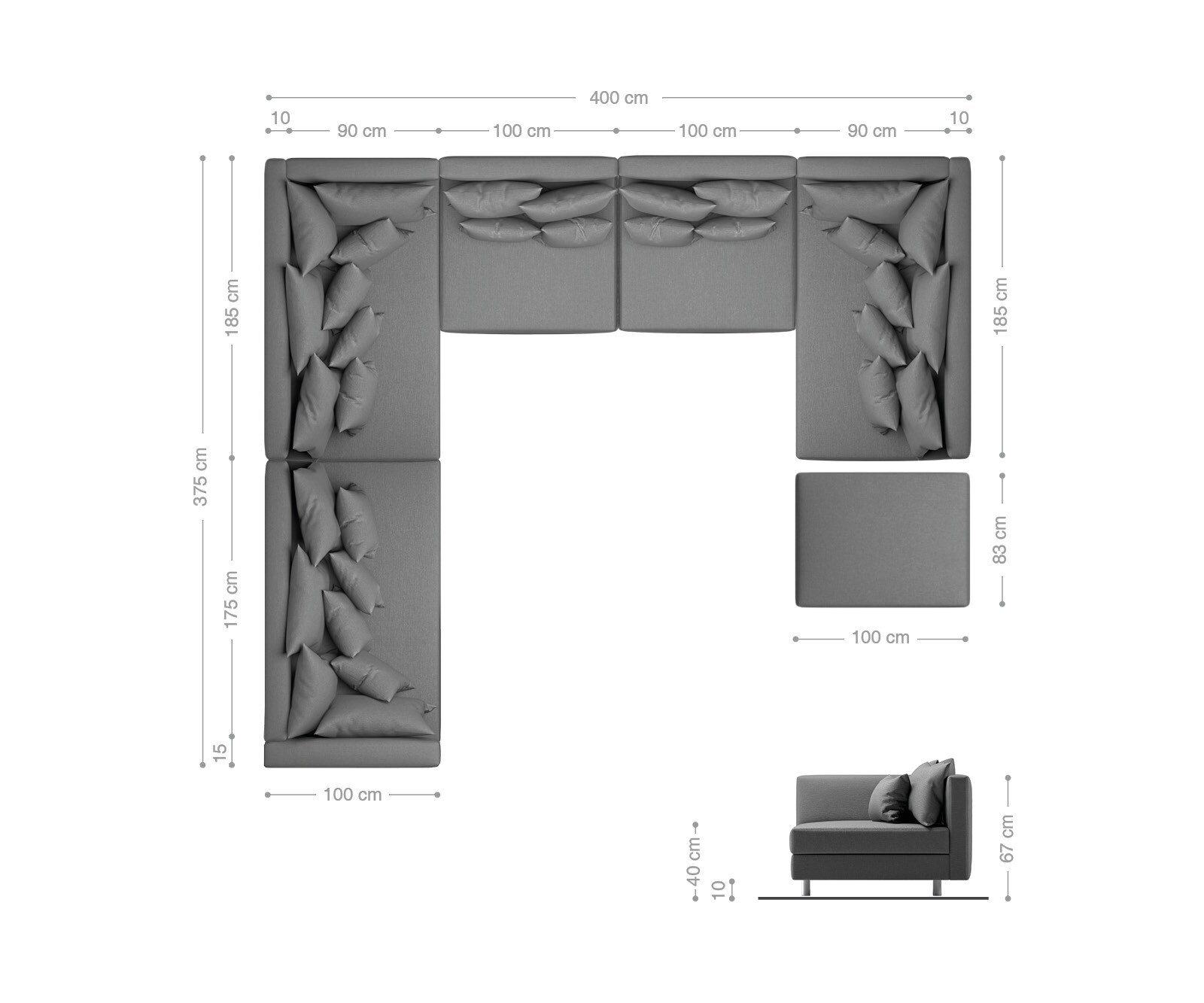 Wohnlandschaft Clovis XXL Schwarz Hocker Ottomane Links modular 6
