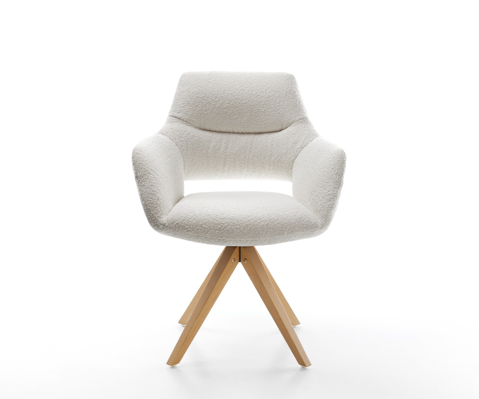 Drehstuhl Yago-Flex mit Armlehnen Bouclé Creme-Weiß Holzgestell kantig Natur 180° drehbar Taschenfederkern 1